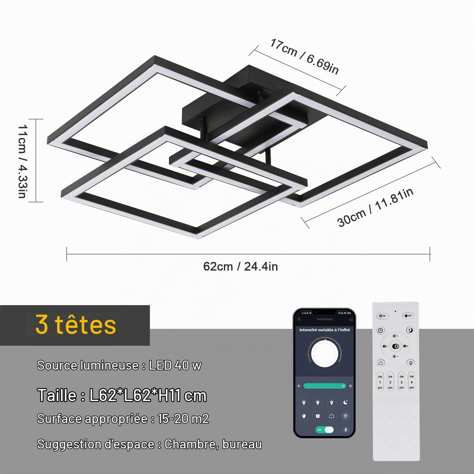 DELIPOP Plafonnier LED Dimmable Moderne, 40W 4500LM Noir Lampe de Plafond