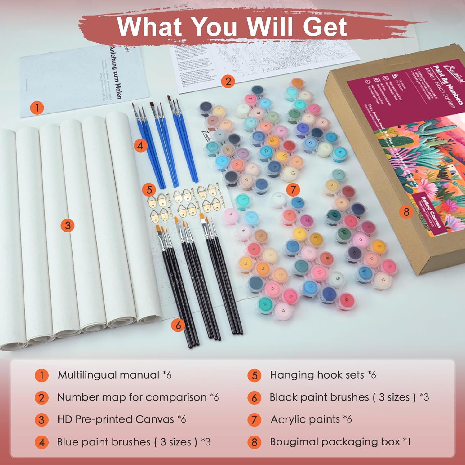 Bougimal 6 Pack Paint by Numbers Kit for Beginners, 11" W x 14" L Flower Vase 3 DIY Acrylic Paint Set on Canvas Without Frame in Box, Kids Paint by Numbers Kits for Home Decor & Birthday Gift
