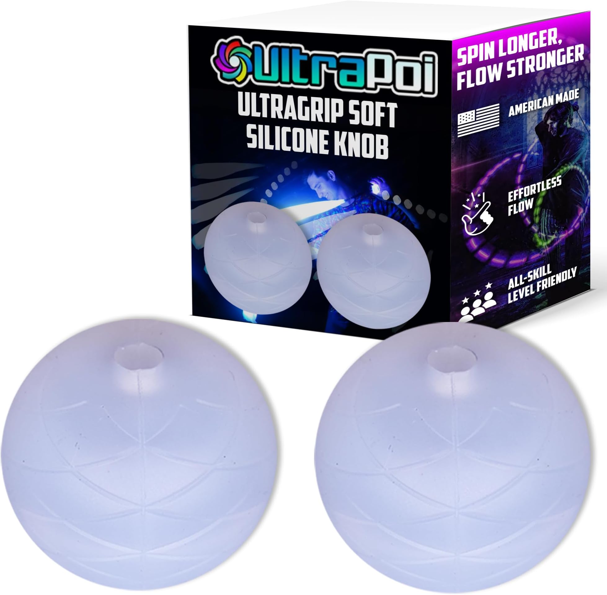 UltraPoi UltraGrip Soft Silicone Knob Set (Pair (2)) - Durable, Protective & Ergonomic Design for LED Poi Balls, Flow Arts, Raves, Concerts & Light Spinning