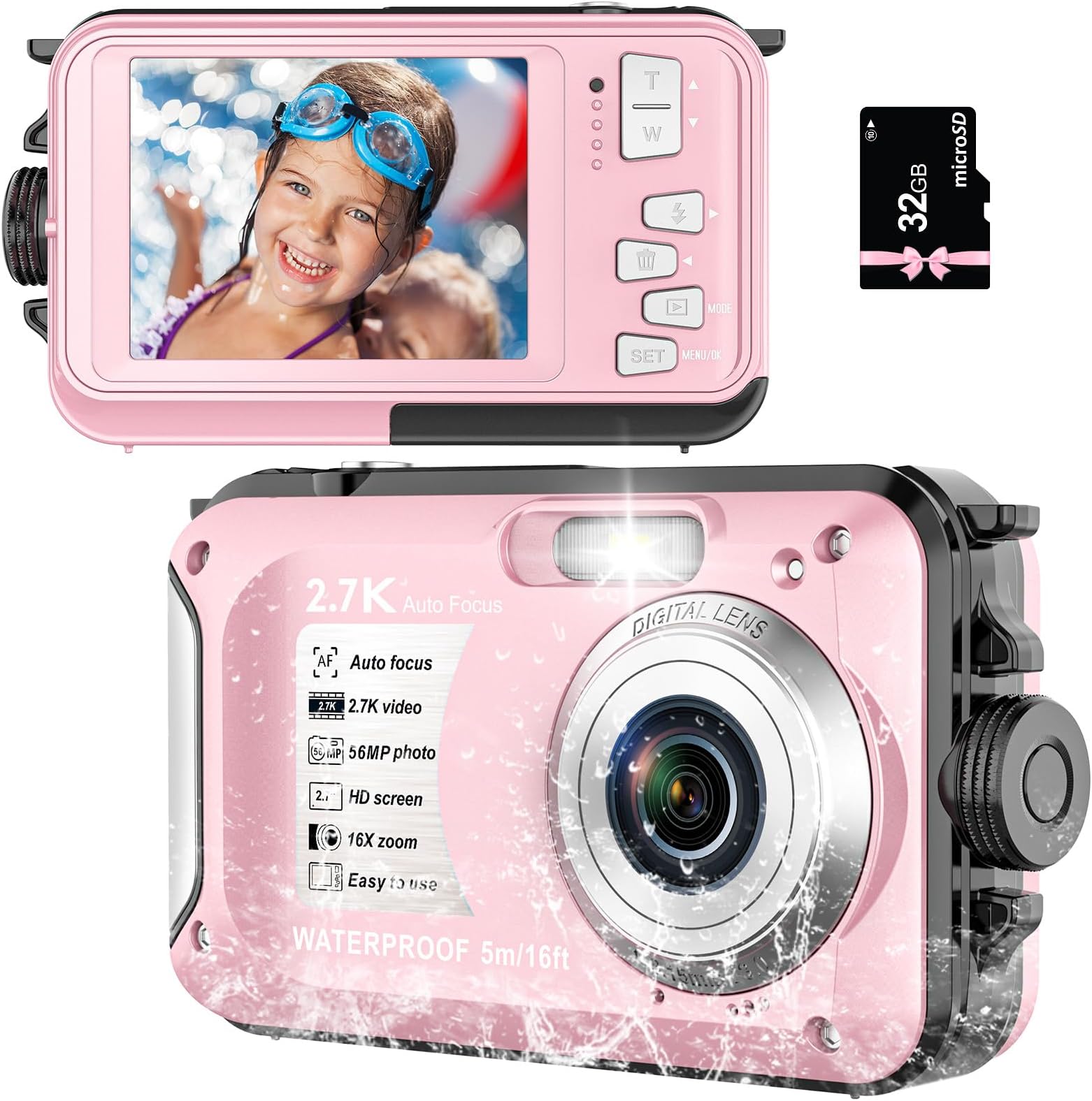 Underwater Camera 2.7K 56MP Waterproof Camera Autofocus with 32GB Card, 16FT Waterproof Digital Camera with 2.7" Screen for Kids, 16X Fill Light Portable Compact Digital Camera for Snorkeling, Pink