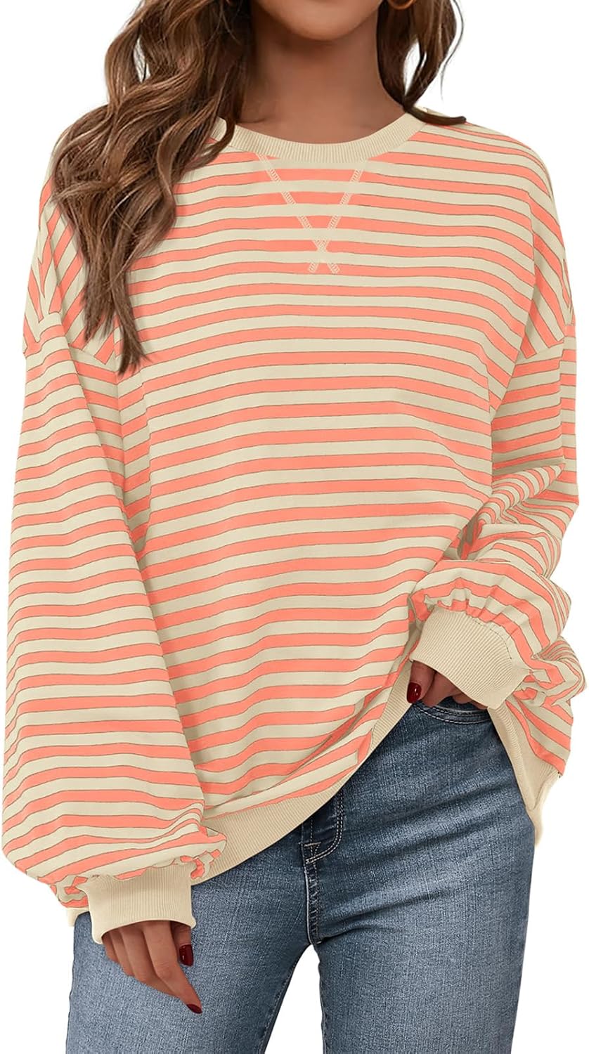 PRETTYGARDEN Womens Striped Oversized Sweatshirt Color Block Crew Neck Long Sleeve Casual Loose Pullover Top Y2K Clothes