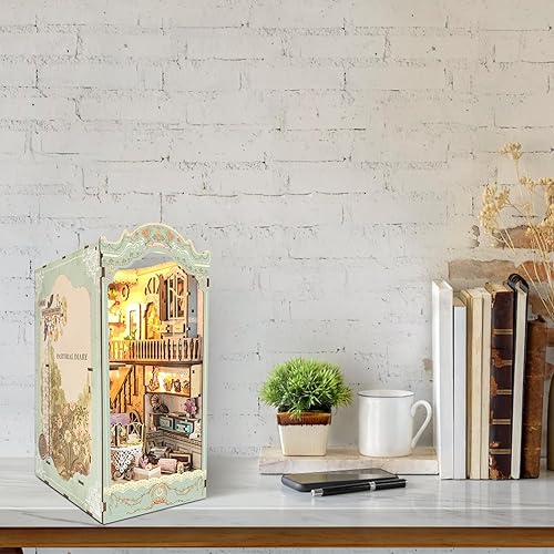 Miniatura 7 de Losbenco Kit de rincón de libros, casa de muñecas de bricolaje, estante de libros, decoración de callejón, kit en miniatura de rincón de libros con