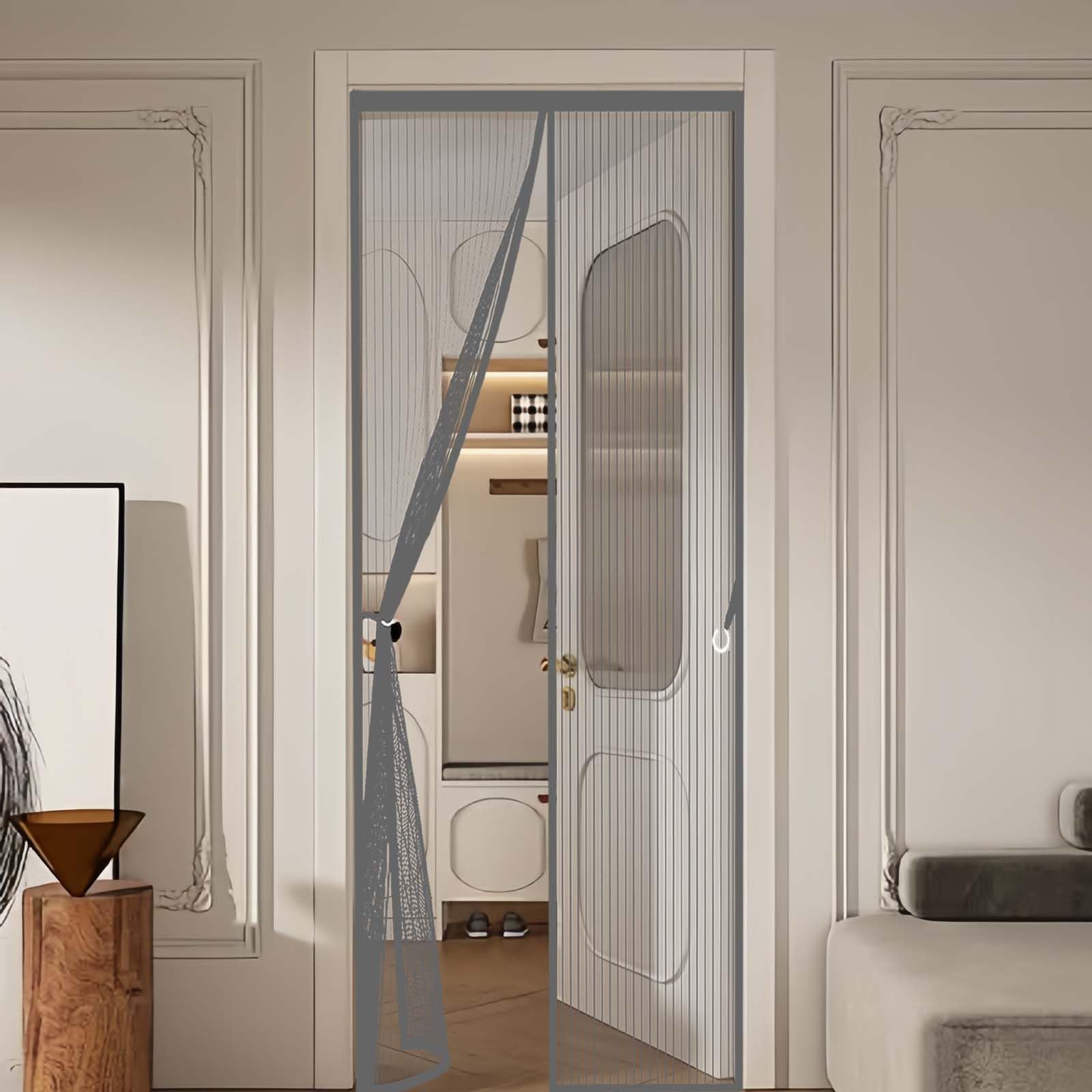 Fly Curtains 163x189cm(WidthxHigh) Powerful Magnets and Full Frame Magic Tape, No Drill Installation Heavy Duty Fly Curtains for Doors Lets Fresh Air in, Hundreds of Sizes, Grey