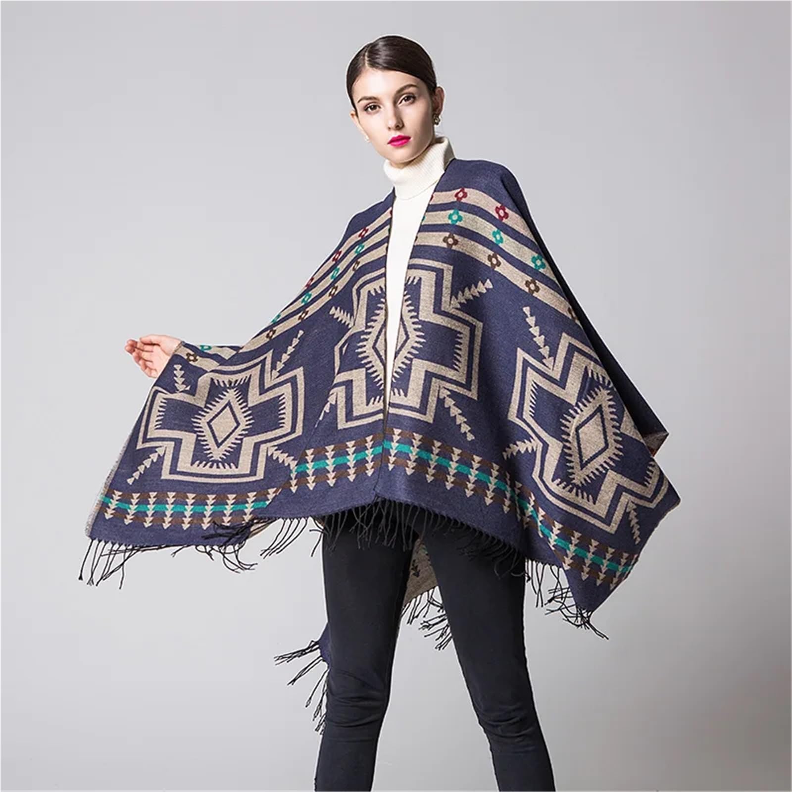Poncho Donna Poncho Autunnali Popolari in Cashmere Spesso con Nappe, Stile Nazionale, da Viaggio, Scialle, Sciarpa, Mantelle