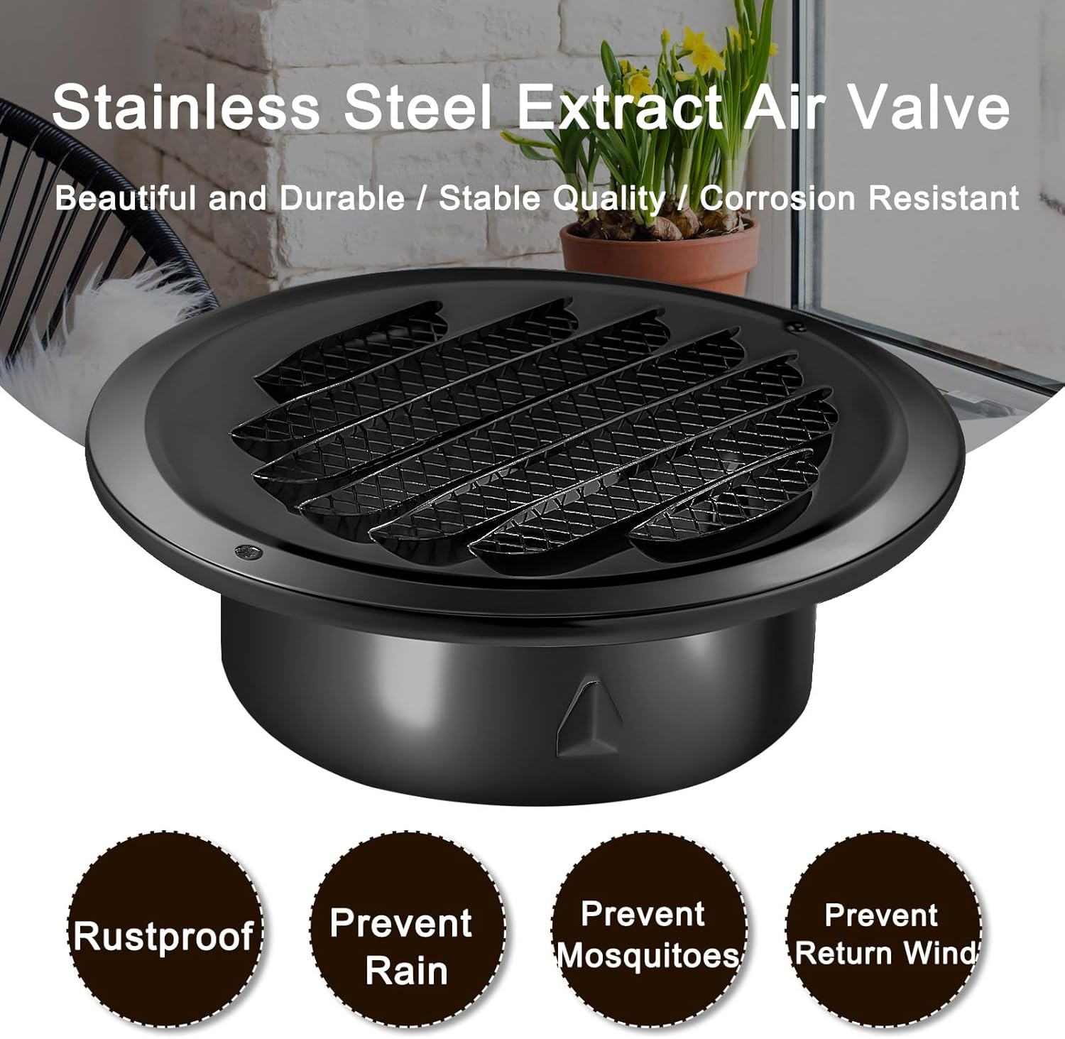 Zonon 4 Pack 6 Inch Black Round Soffit Vents Stainless Steel Dryer Vent Cover with Mesh Screen for Home Outdoor Bathroom Wall Ceiling Outside Exterior Exhaust