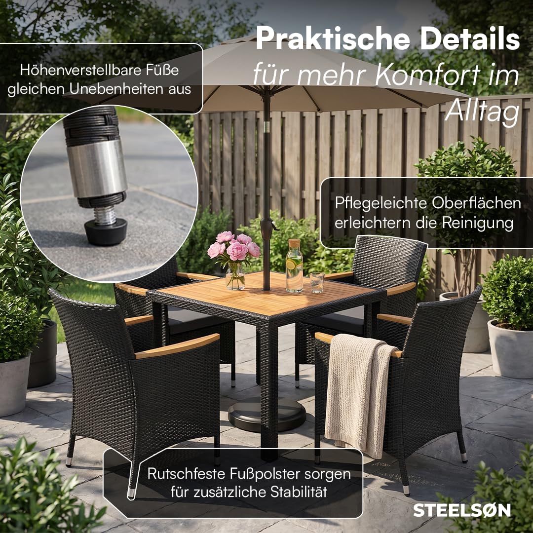 STEELSØN Fawaris Polyrattan Sitzgruppe Outdoor 5-tlg. - Gartentisch mit 4x Gartenstuhl und Kissen – Gartenmöbel Set aus Akazienholz – Gartengarnitur Outdoor wetterfest Garten/Terrasse/Balkon - schwarz
