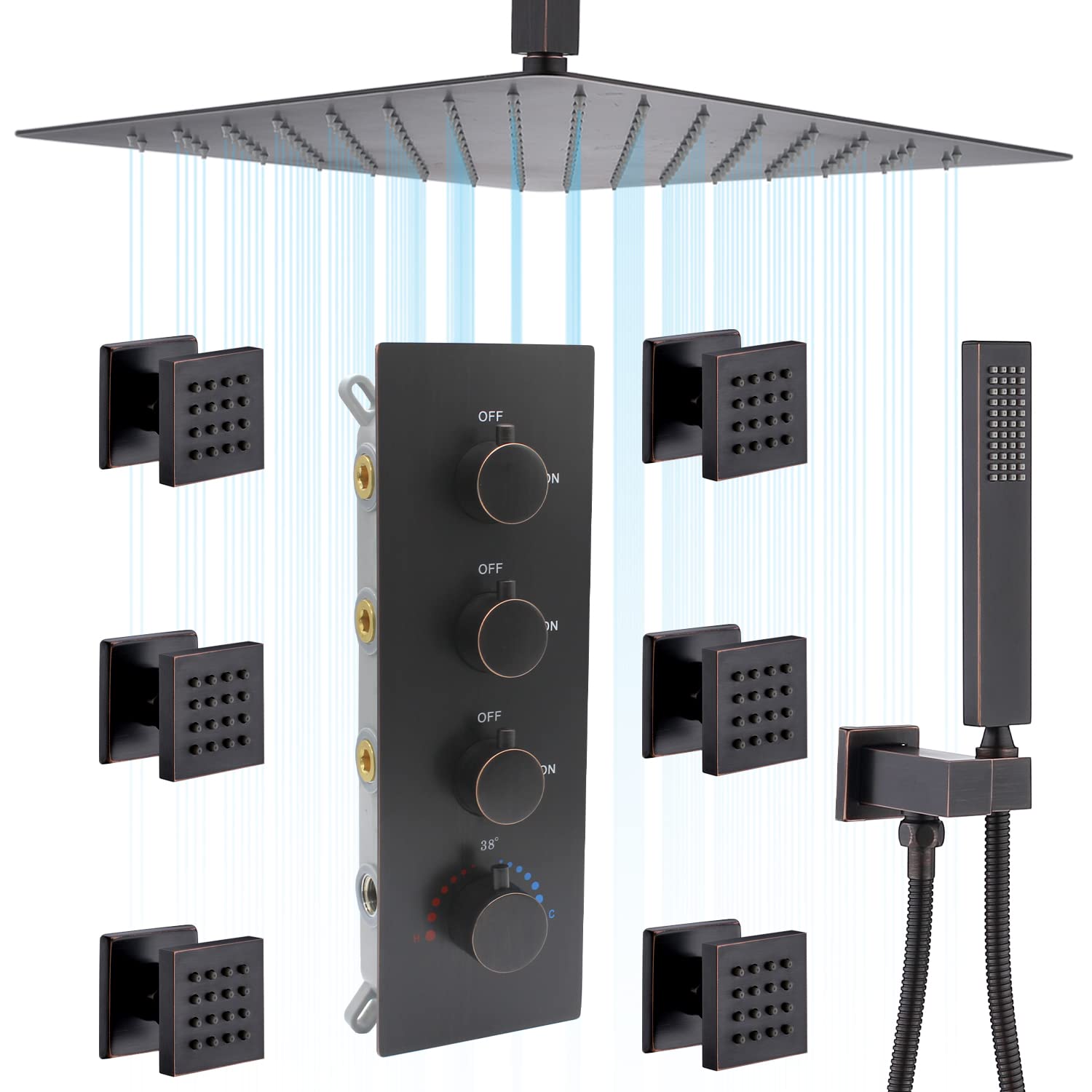 ZYGOLVQ Thermostatic Brass Rain Shower system - 12 inch Luxury Square Rainfall Head and Handheld Spray with Full Body Jets Faucets Set Combo, Can Use All Functions At Same Time, Oil-Rubbed Bronze