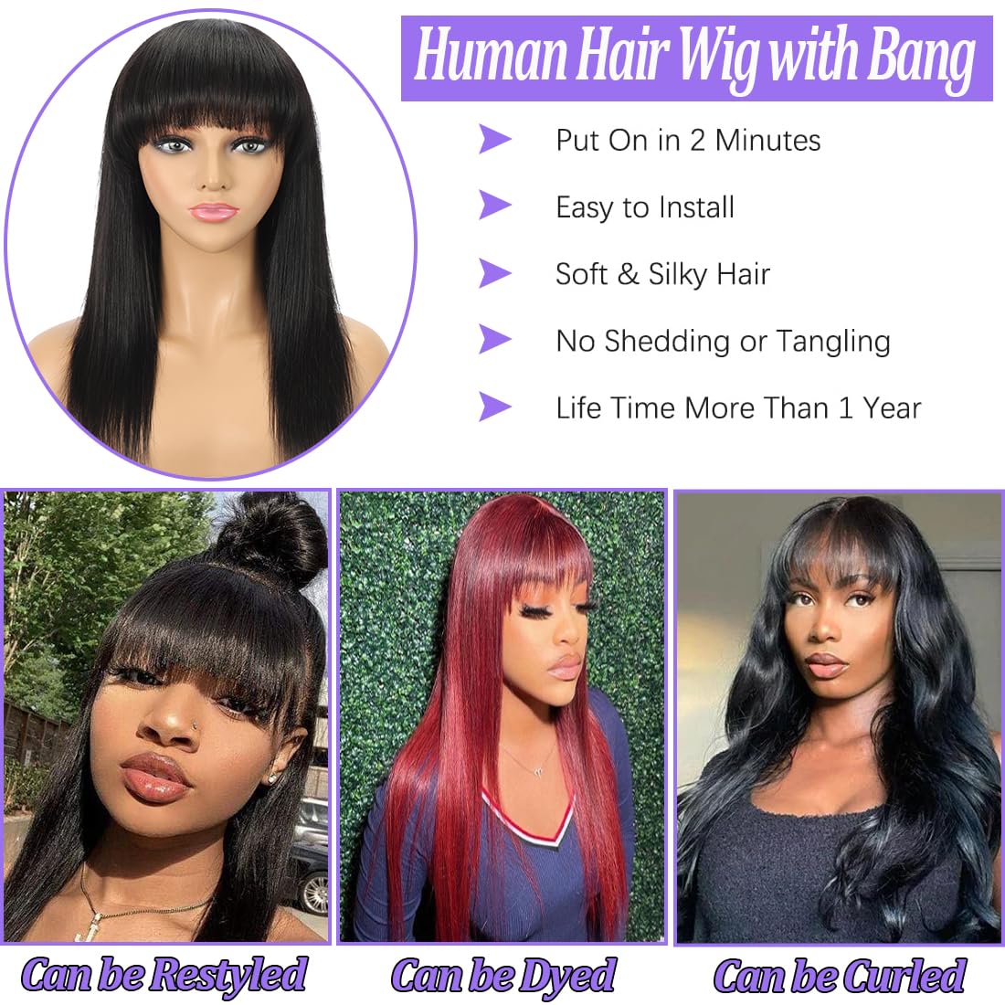 Amella Hair Straight Human Hair Wigs with Bangs for Black Women 150% Density Brazilian Straight None Lace Front Wgis with Bangs Glueless Machine Made Wigs Natural Black Color(28inch, Straight Wigs)