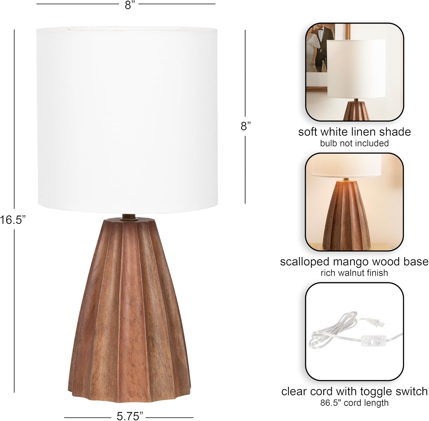 Kate and Laurel Ciji Modern Mango Wood Bedside Table Lamp, 8 x 8 x 17, Walnut Brown, Scalloped Decorative Tabletop Desk Lamp with Linen Shade for Living Room Decor