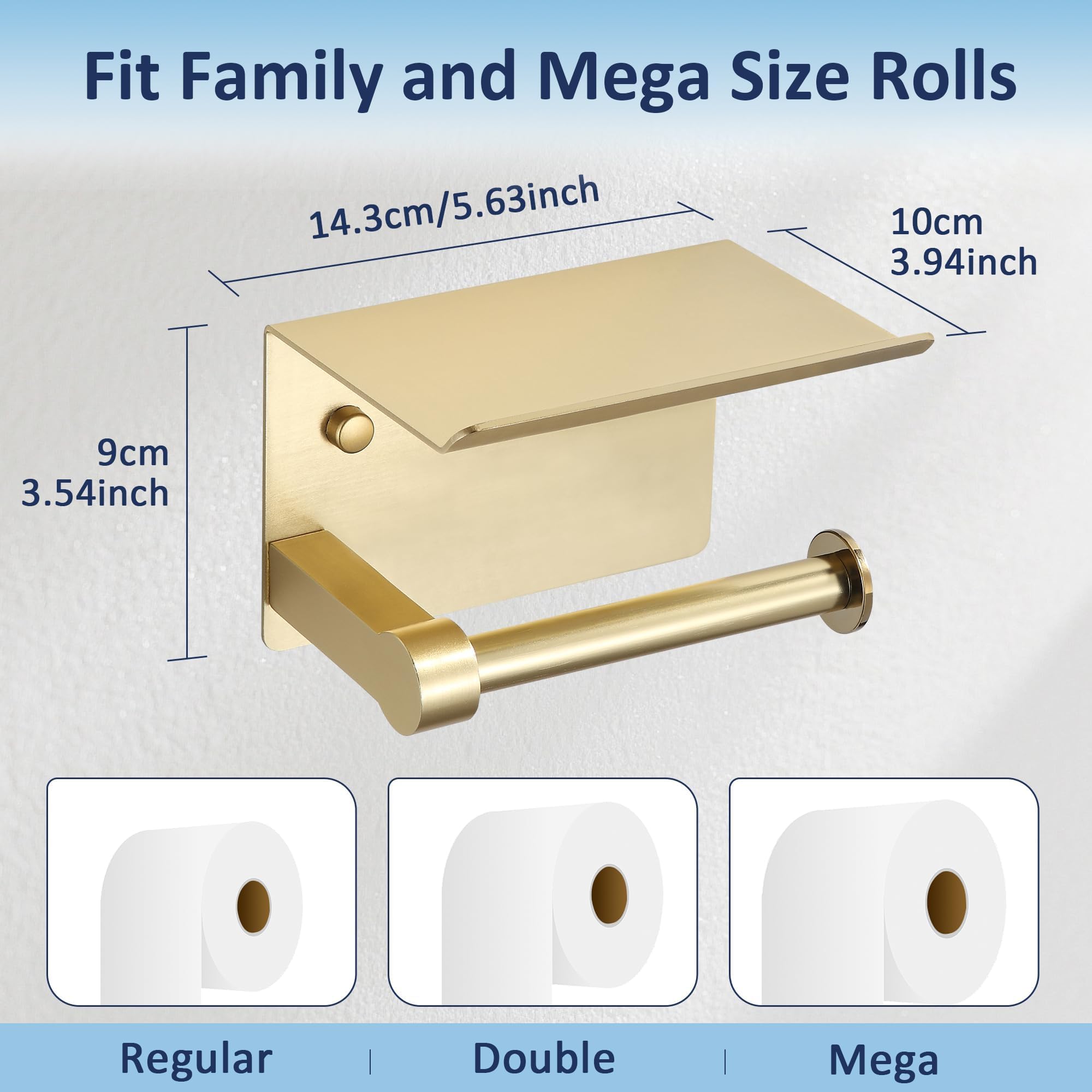BGL Toilet Paper Holder with Shelf, Jumbo Roll Toilet Paper Holder for Large Rolls,Brushed Gold Adhesive Toilet Roll Holder for Bathroom，Renter Friendly Toilet Paper Holder — Amazon image 3