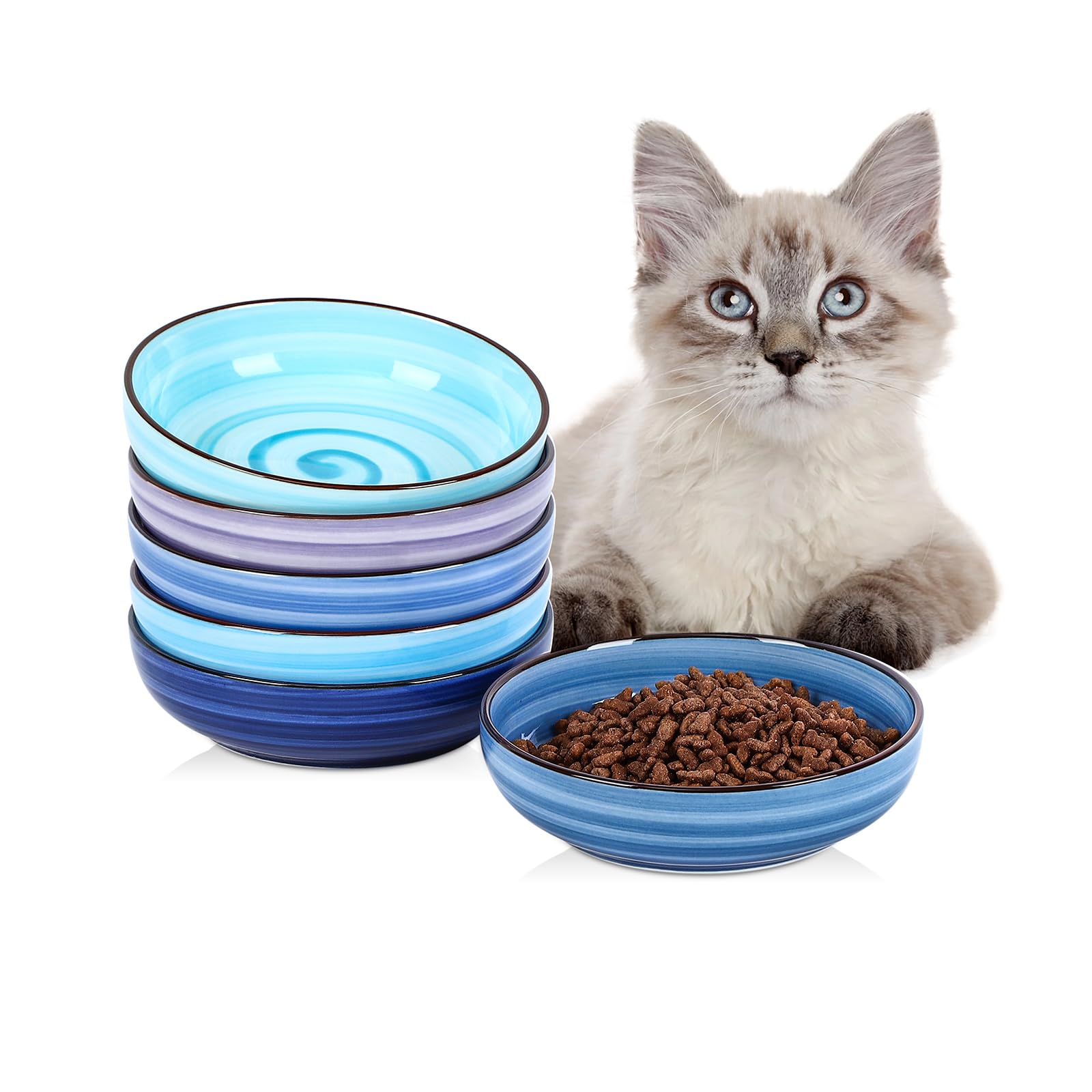 Selamica Lot de 6 gamelles en céramique pour chat - 14 cm de large - Pour nourriture et eau - Compatibles avec les moustaches - Bleu dégradé