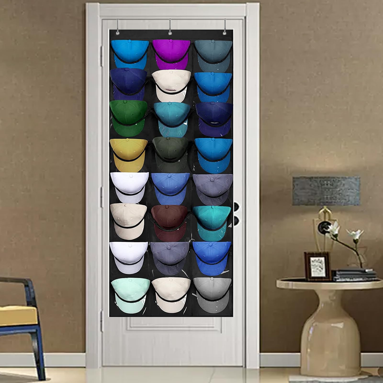 Porta Berretto,Porta Cappelli da Baseball,Portas Cappelli da Armadio con 24 Tasche,Contiene 24 Cappellis,Organizer Cappellis Sulla Portas (Nero)