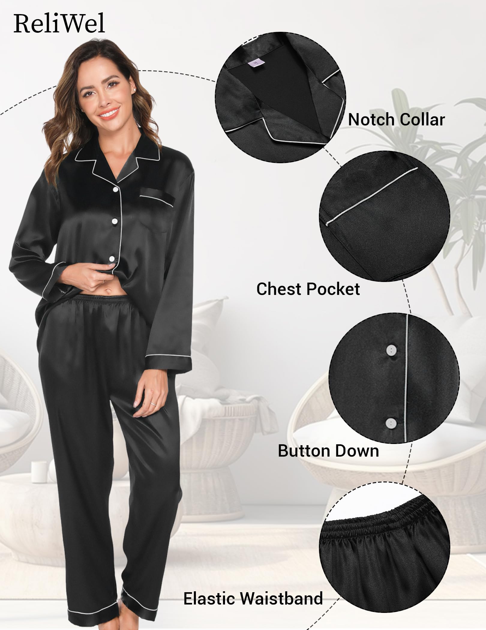 Conjunto de Pijama Seda Mujer 2 Piezas Manga Larga con Botones Ropa de Dormir Satén Ropa de Noche Largo Pantalón Pijama Botones Mujer Loungewear S~XXL