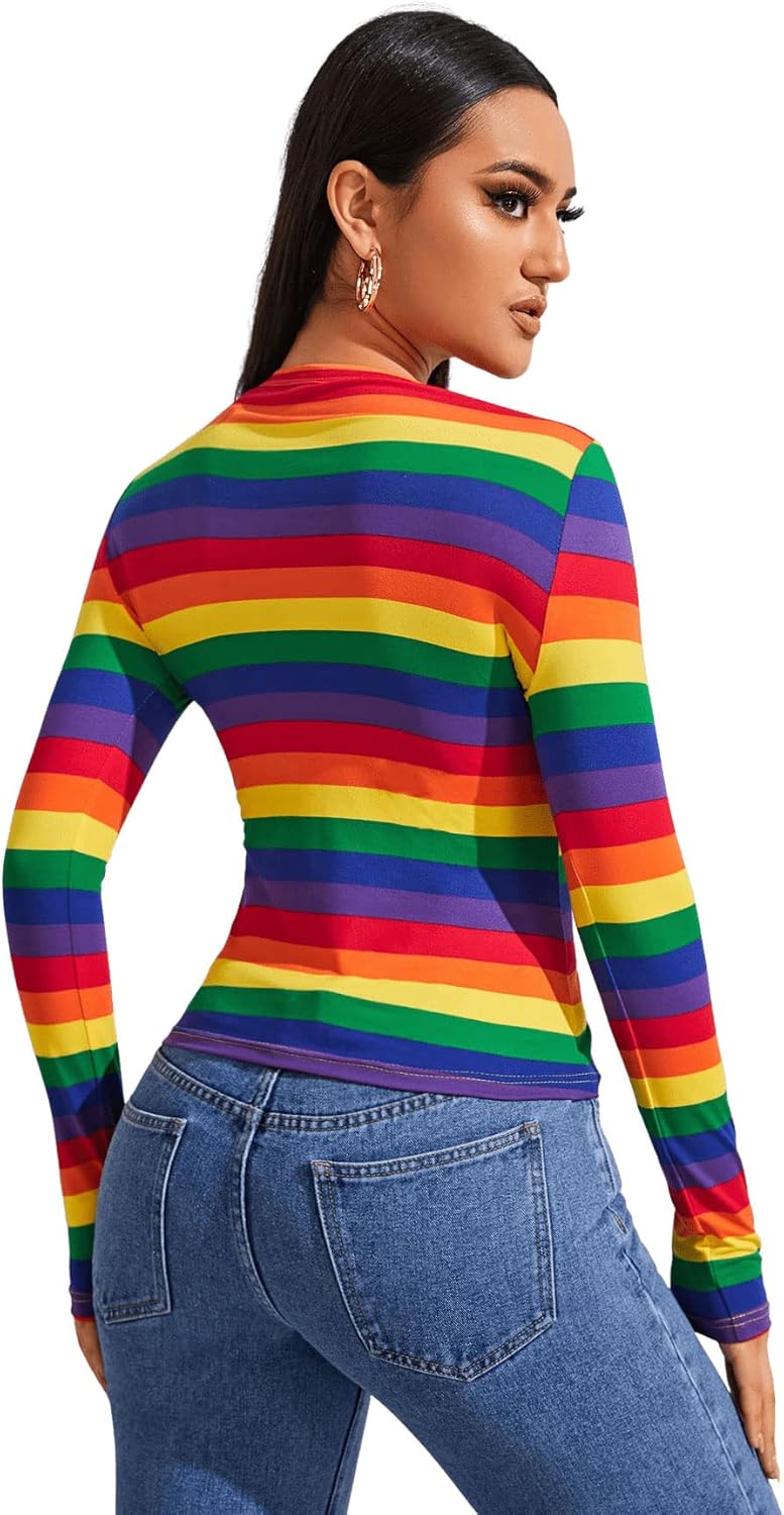 SweatyRocks Women's Casual Long Sleeve Rainbow Striped Slim Fit Tee Shirt Top - Image 2