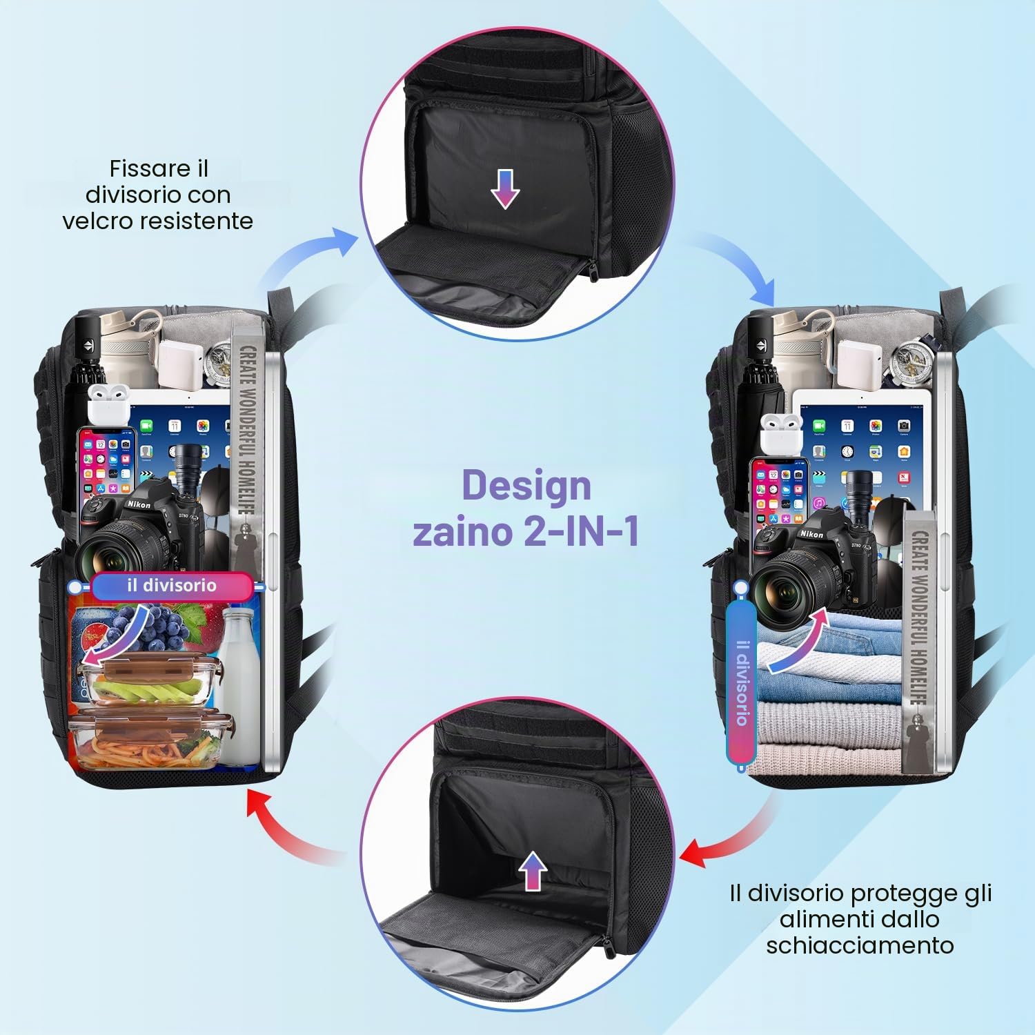 BERTASCHE Zaino per il pranzo, zaino per computer portatile con borsa termica per 15,6 pollici, zaino 2 in 1 da uomo, per lavoro, scuola, picnic, università, nero scuro