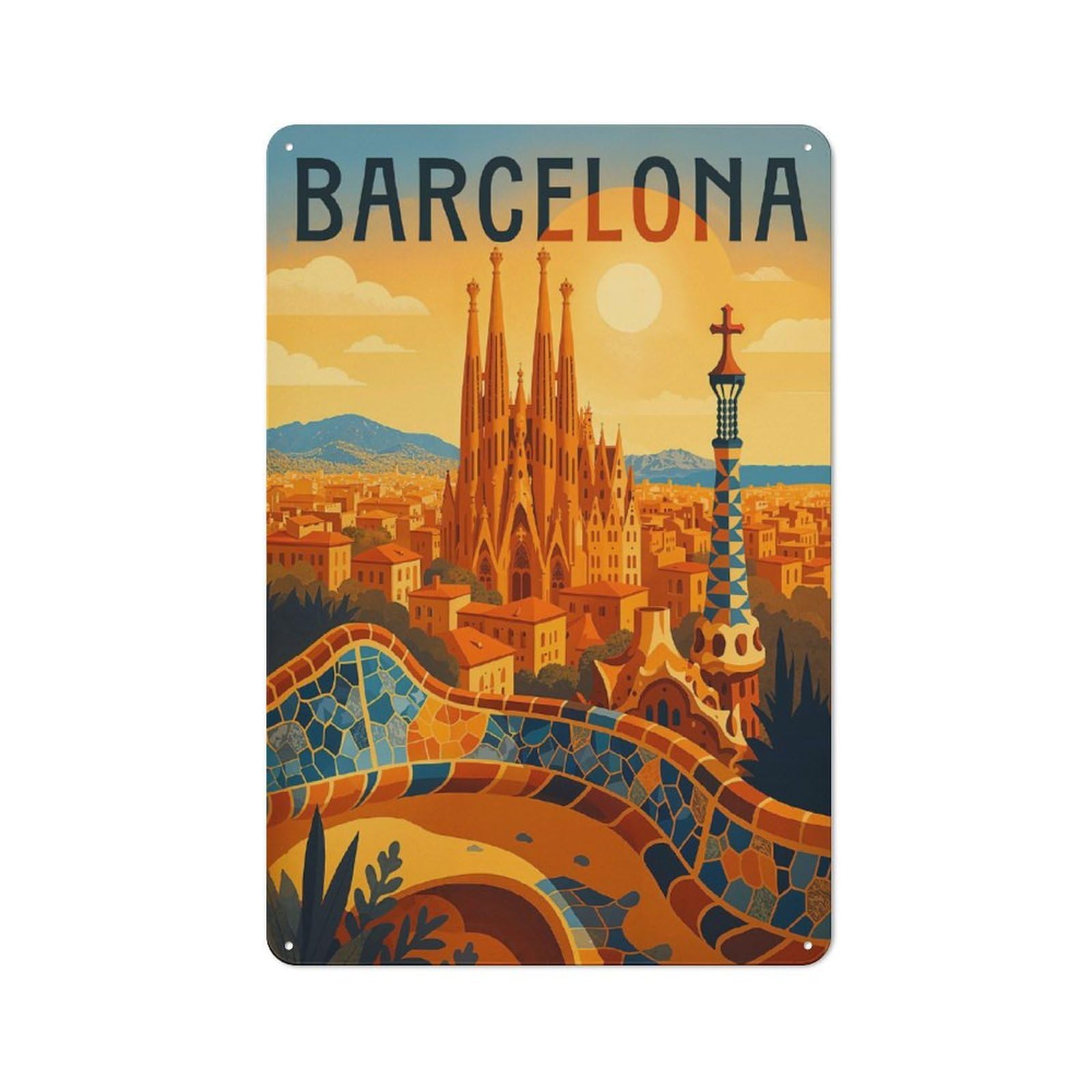 Junmoney Style Barcelona Travel Poster – Gaudí And Colorful Mosaic Cityscape Character Metal Wall Decor 30X20cm, Vintage Metal Sign For Home, Shop, Pub Or Studio Wall
