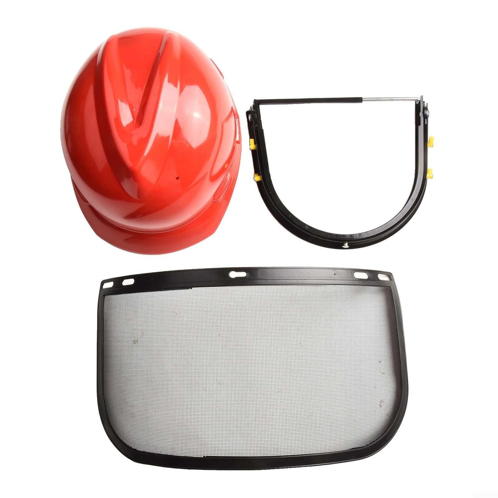 Funda roja para casco de seguridad para motosierra con diadema ajustable y protector de malla facial para equipos eléctricos al aire libre, uso de cortacésped, recortadora y desbrozadora