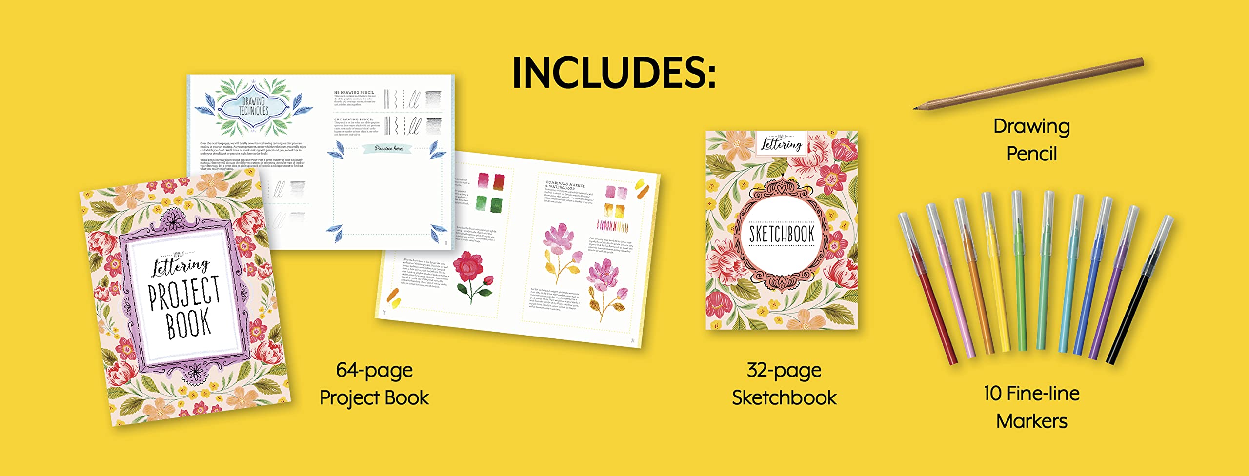 Lovely Lettering Kit: Learn to hand-letter and illustrate your favorite quotes • Includes: 64-page project book, 32-page sketchbook, drawing pencil, 10 markers