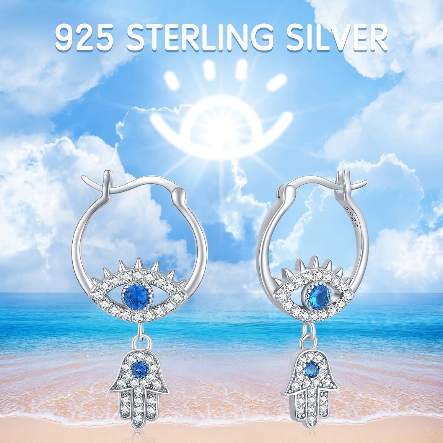 Evil Eye Earrings Sterling Silver Evil Eye Hamsa Hand Earrings Evil Eye Hoop Huggies with Blue Cz Hamsa Hand Drop Leverback Earrings Ancient Egypt Evil Eye Jewelry Gifts for Women Girls