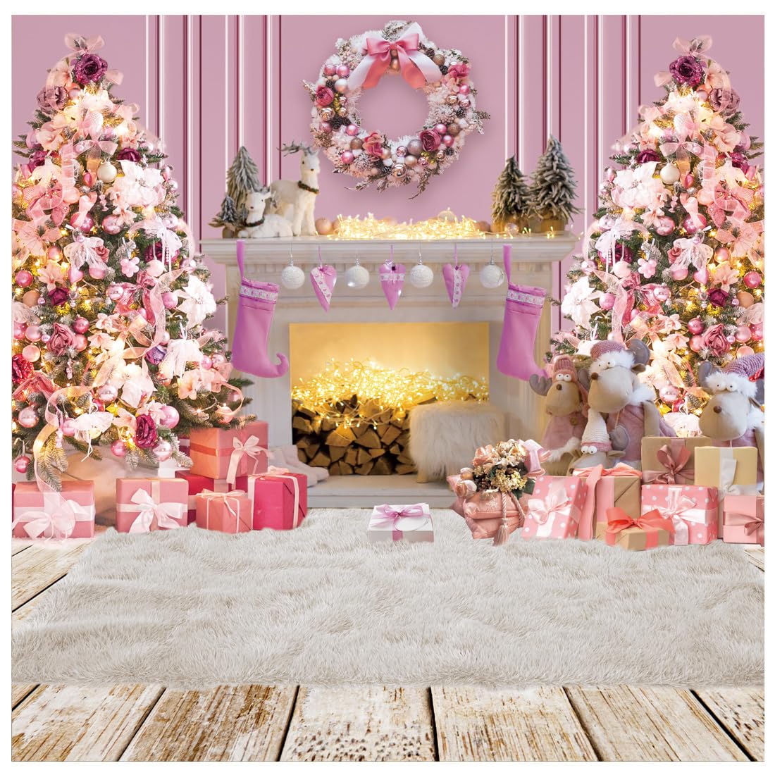 DHXXSC 10X10FT Pink Christmas Fireplace Backdrop Xmas Tree Gift Background Snow Holiday Family Reunion Photo Studio Props Party Decoration Banner DH-