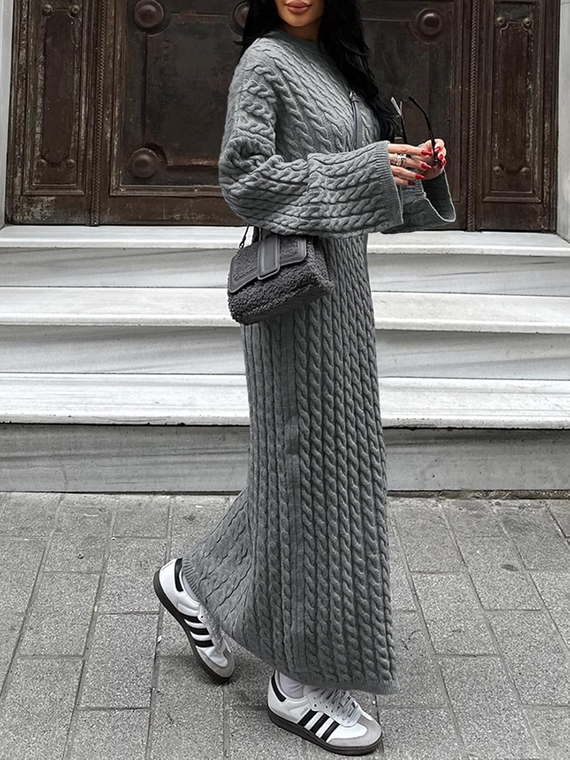 Saodimallsu Womens Oversized Cable Knit Sweater Dress Drop Shoulder Long Sleeve Loose Fall Midi Pullover Sweater Dresses