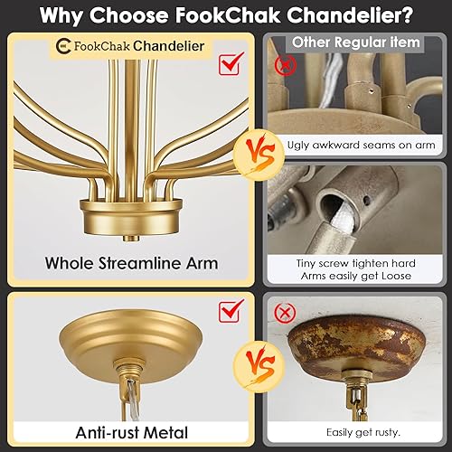 Miniatura 3 de FookChak Lámpara de araña grande dorada, lámpara de 12 luces para vestíbulo, lámpara de techo alto de 36 pulgadas moderna de latón para sala de