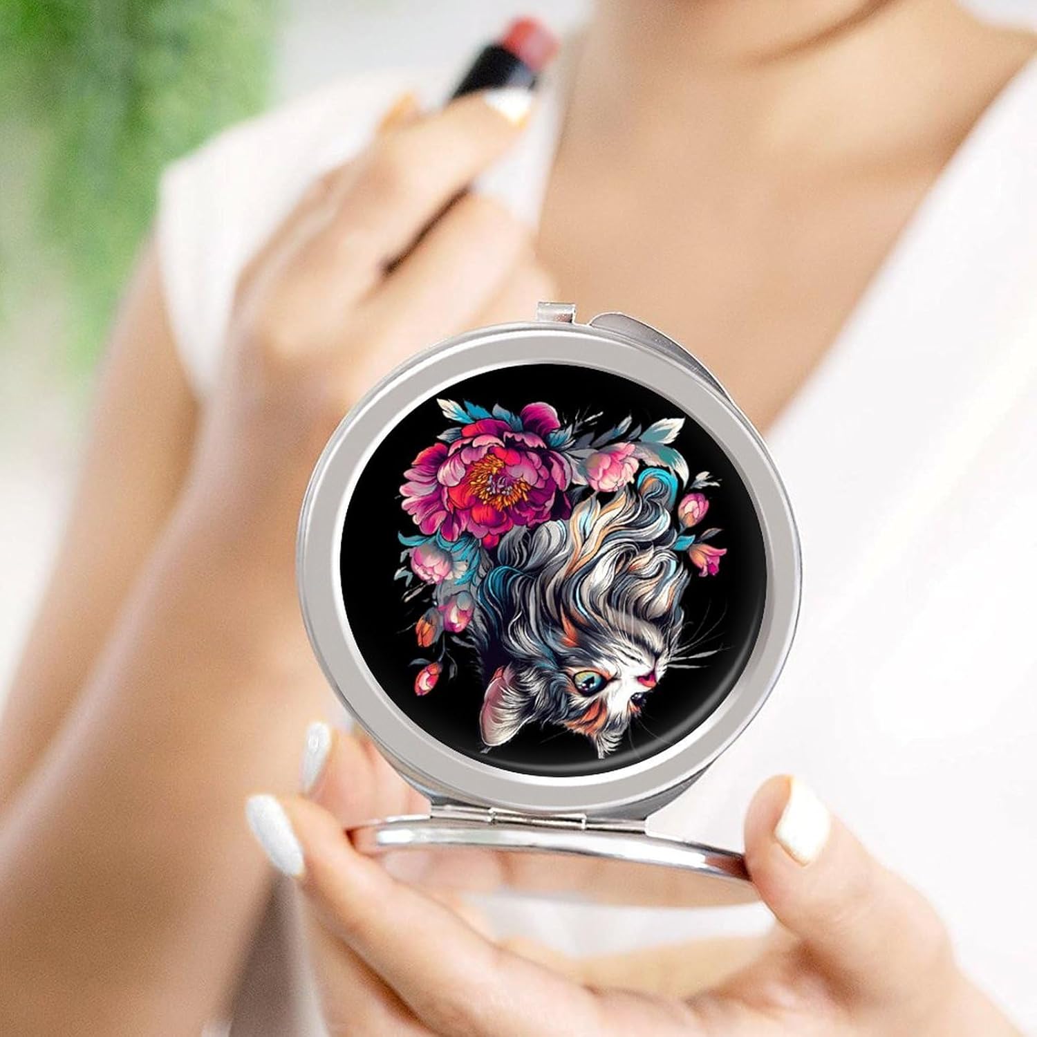 Boho Cute Cat Flowers Compact Makeup Mirror Mini Foldable Cosmetic Mirror Portable Travel Mirror for Purse Pocket