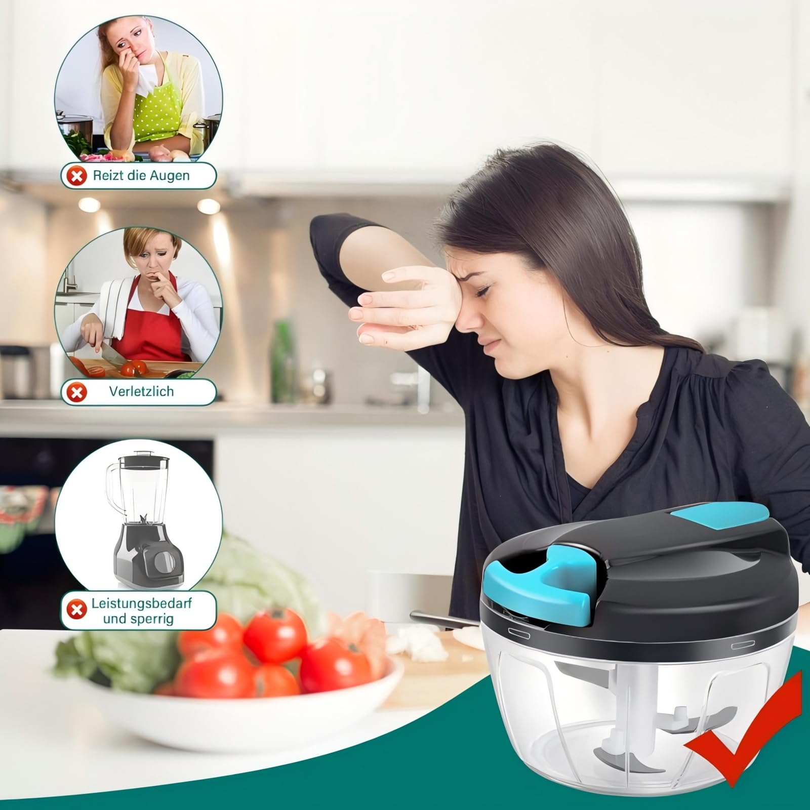 Ręczna szatkownica do cebuli 520 ml, szatkownica do cebuli, ręczna szatkownica z linką, rozdrabniacz z 3 ostrzami ze stali nierdzewnej