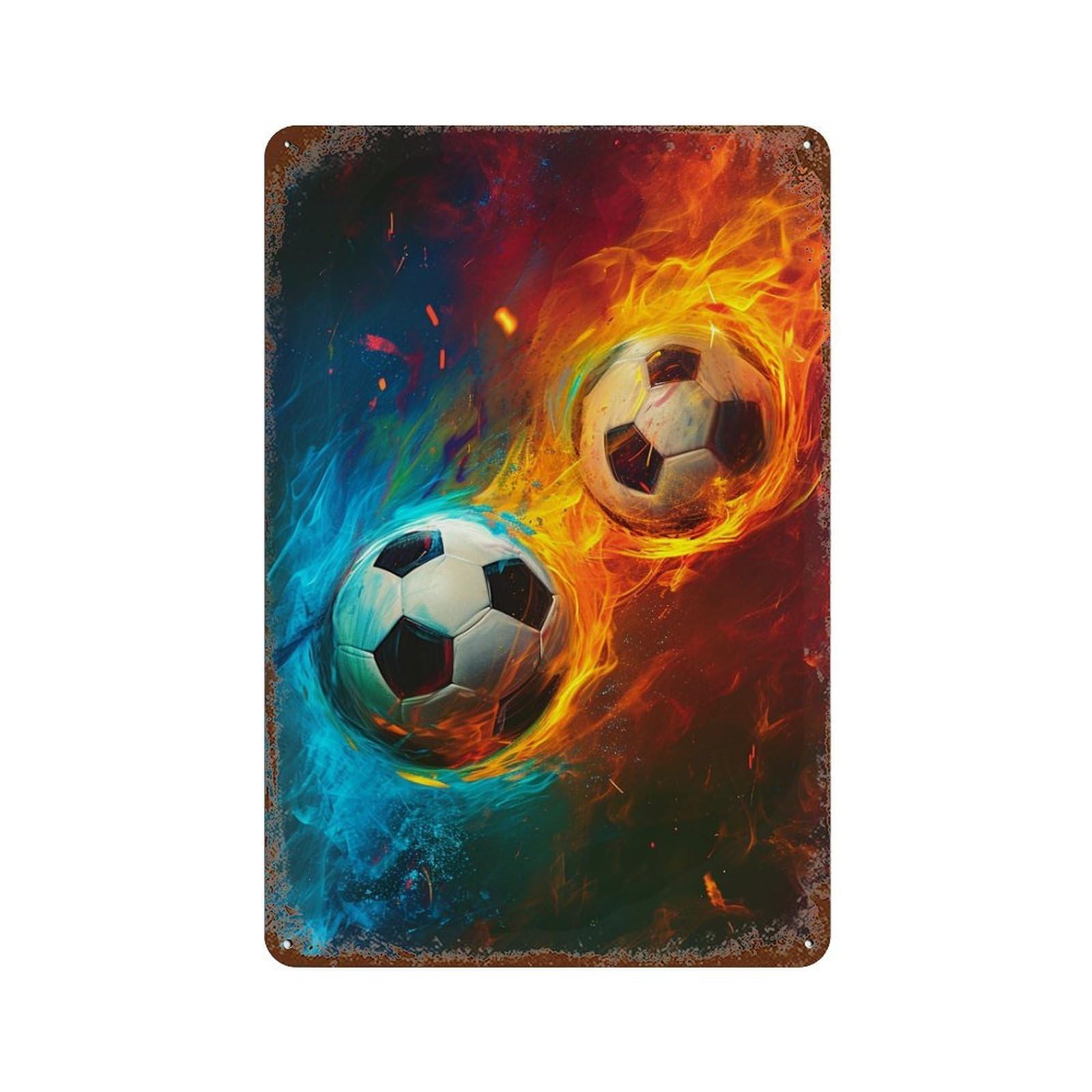 Soccer Ball Fire And Ice Rusty Metal Tin Sign 11.8"x7.9", for Farmhouse, Kitchen And Entryway Decor, Rustic Home Decor