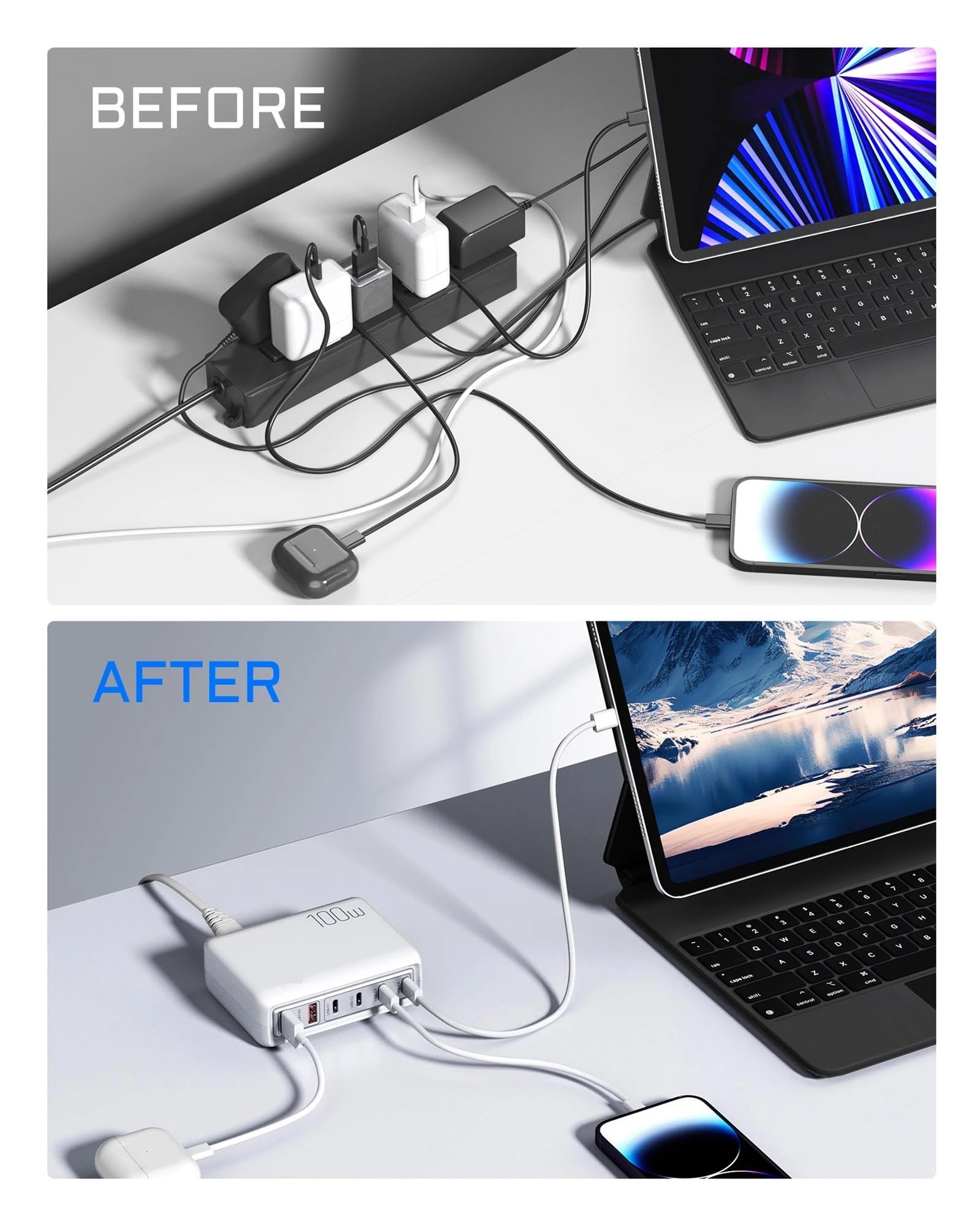 Cargador USB Multi De 100W Y 6 Puertos con Cable, Múltiple For Teléfono Móvil Capacidad De Carga RáPida(White)