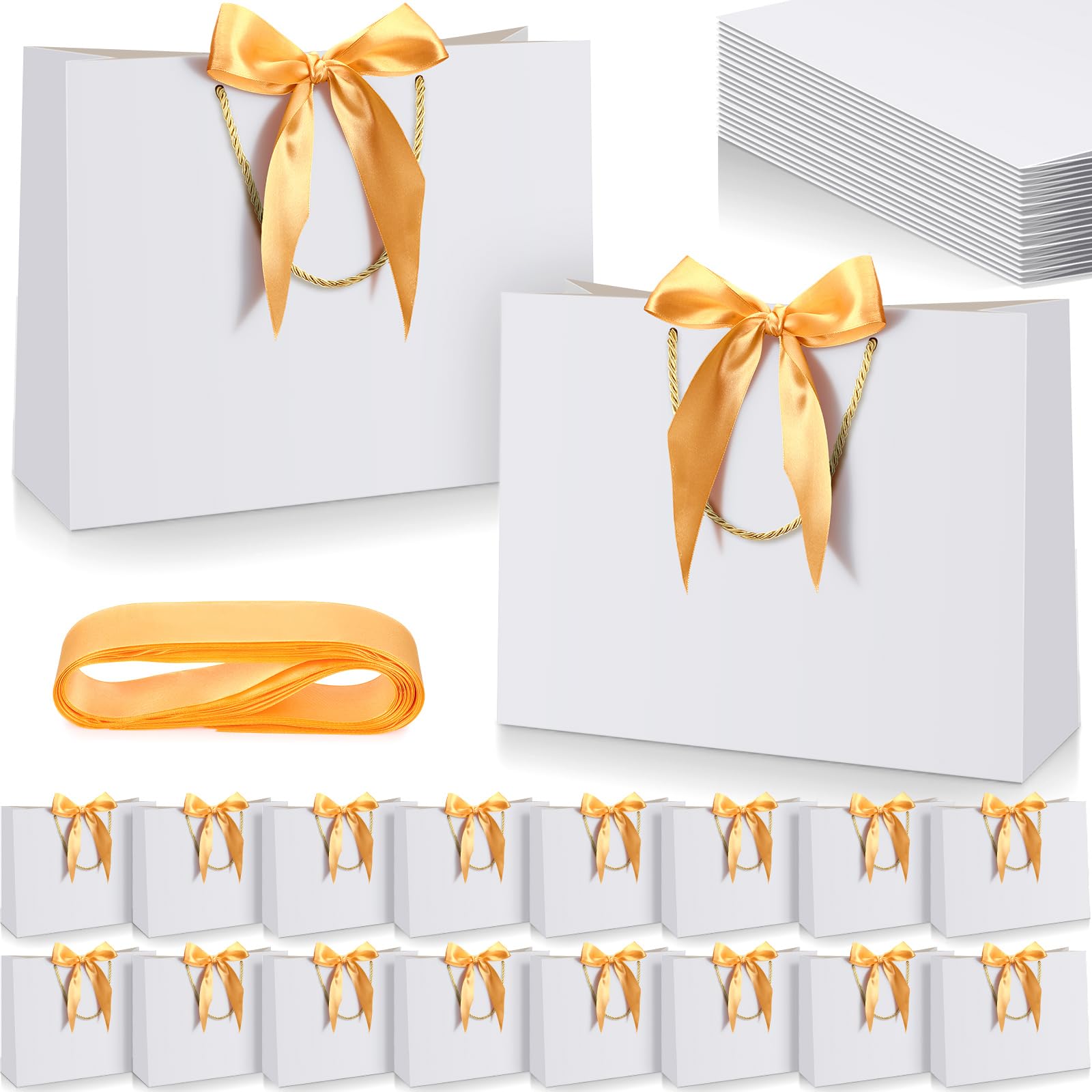 Kolldenn 50 Pcs Gift Bags with Handle 12.6 x 10 x 4.3 Inch White Gold Thank You Bag with Bow Ribbon for Christmas Wedding Birthday Bridal Shower