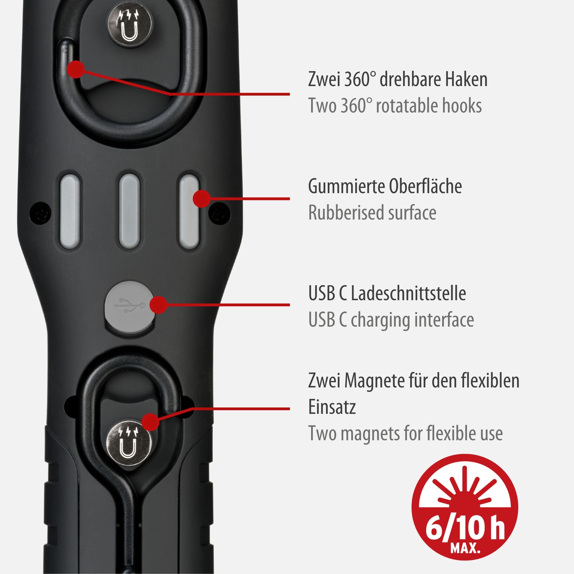 Brennenstuhl Lampada di ispezione ricaricabile HL 501 A/LED con magnete e 6 LED SMD (luce di ispezione con max. 10 ore di combustione, 500lm + 120lm, gancio girevole a 360°, supporto pieghevole)