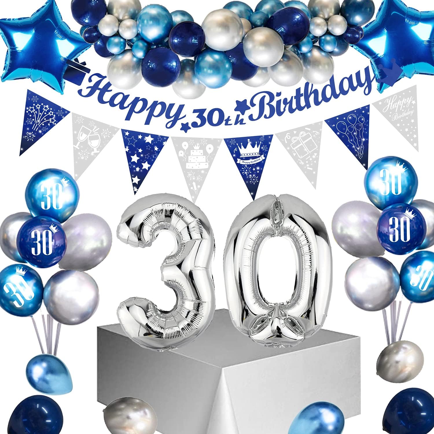30th Birthday Party Decorations Men, Sumtoco Navy Balloon Kit Include Happy Birthday Banner,Triangle Flag Bunting and Balloons for Boy Male Birthday Party Supplies
