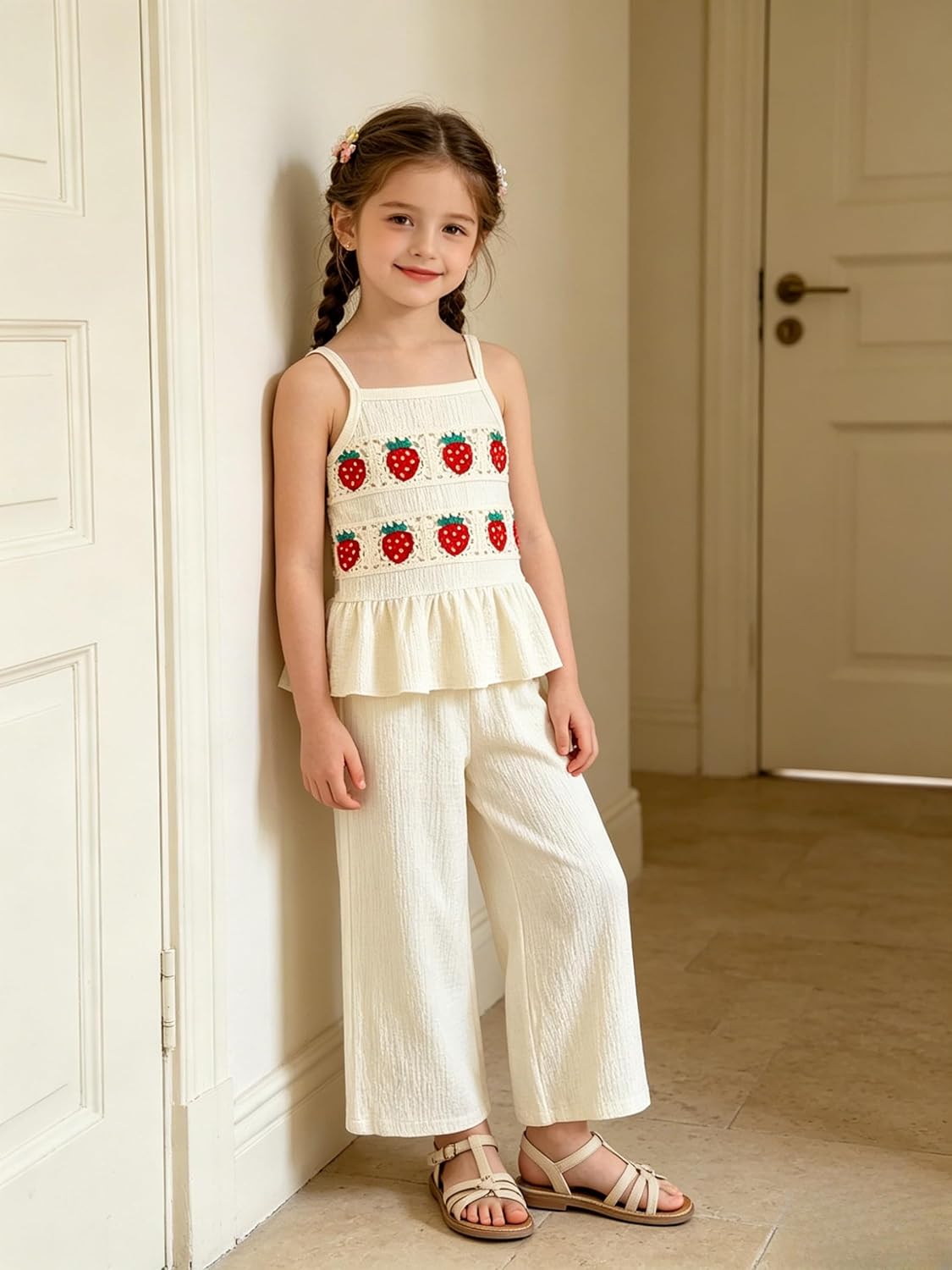 Axumity Girl's 2 Piece Cute Summer Outfits Strap Top and Wide Leg Pants Sets, Girls Clothes Summer 2 PCS Outfit Set Size 8-13
