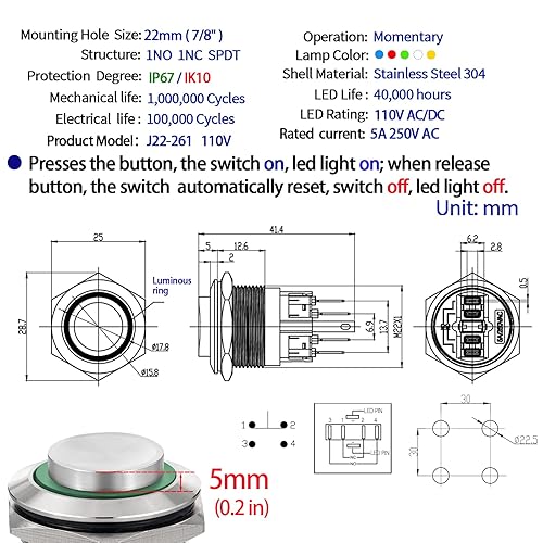 Miniatura 9 de 2 interruptores de botón con pestillo de 0.866 pulgadas, alto redondo, parada de arranque, resistente al agua, encendido y apagado, acero inoxidable