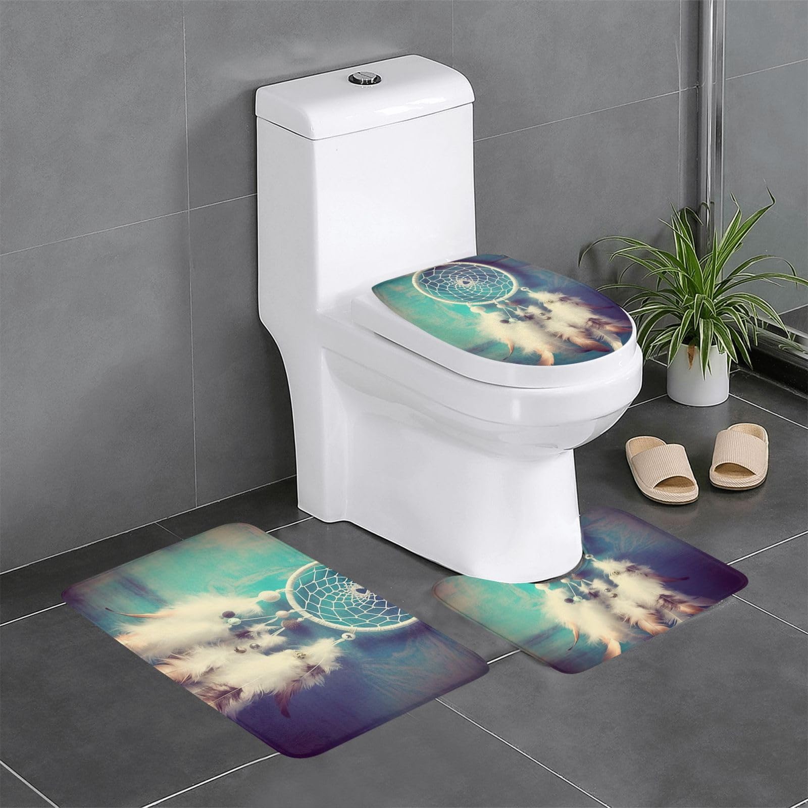 Tapis de bain attrape-rêves blanc plume lot de 3 avec contour toilette