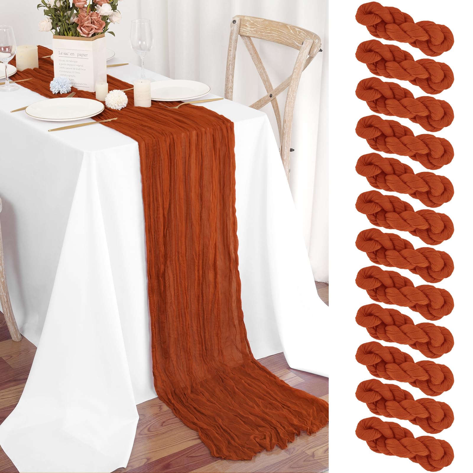 Teruntrue 12 Pack Terracotta Cheesecloth Table Runner 55x300 cm Boho Gauze Cheese Cloth Table Runner for Wedding Party Baby Bridal Shower Birthday Decorations