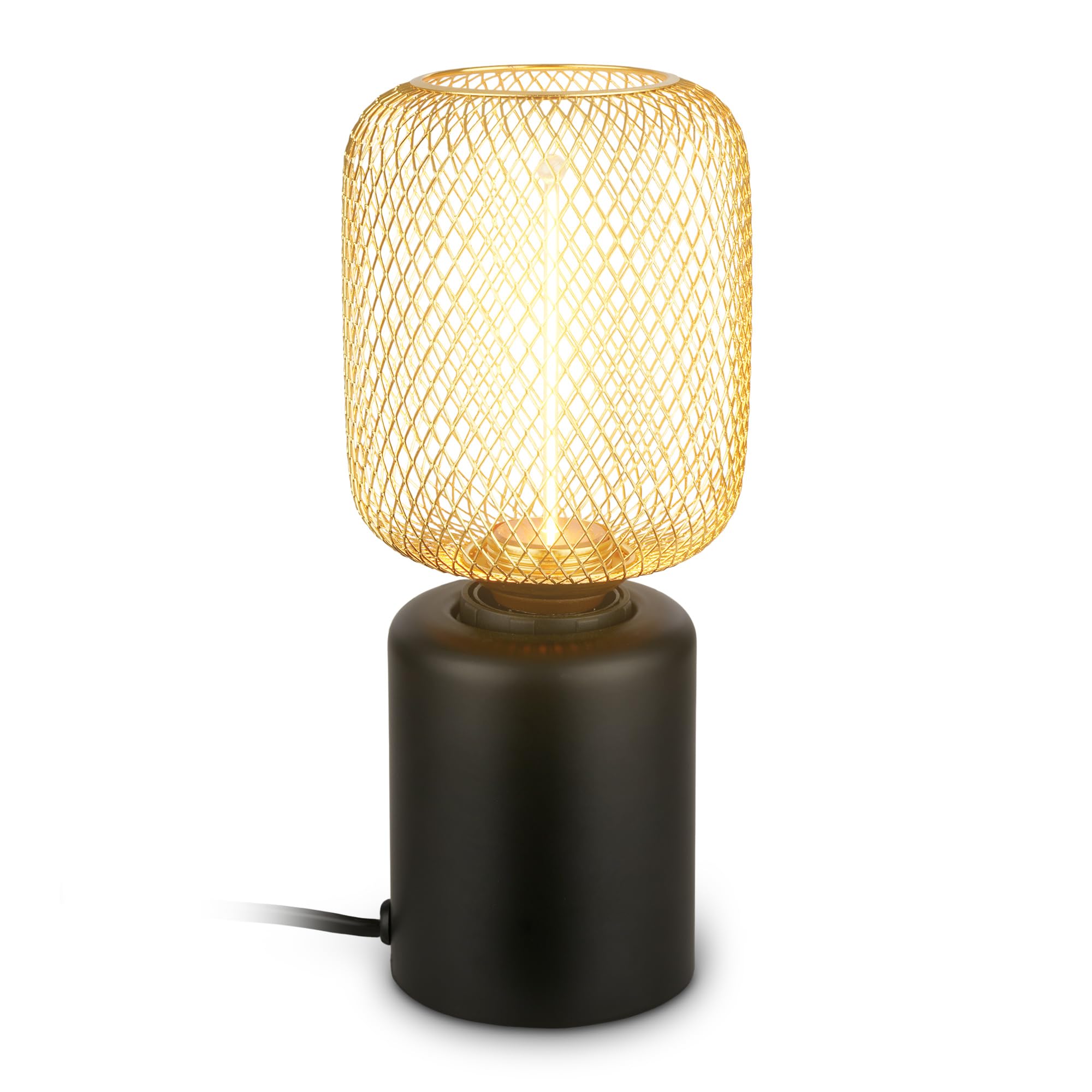 BRILONER - Tischlampe mit Drahtgeflecht, Kabelschalter, Warmweiß, Lampe, Nachttischlampe, Tischleuchte, Dekolampe Flur, Bürolampe, Leselampe, Wohnzimmer, Schlafzimmer, 10 x 25 cm (DxH), Gold