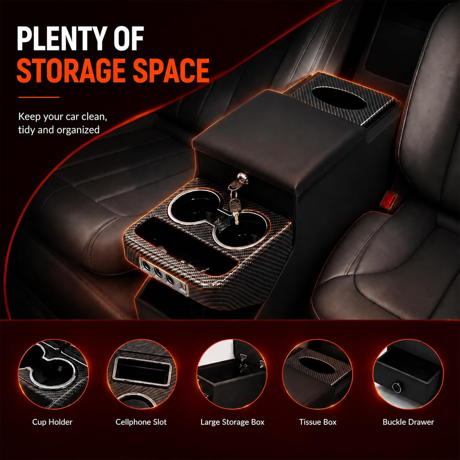 Universal Center Console Organizer for Minivans & SUVs – Middle Floor Storage Box with Dual USB Charging/Phone Holder/Drawers/Locking Lid