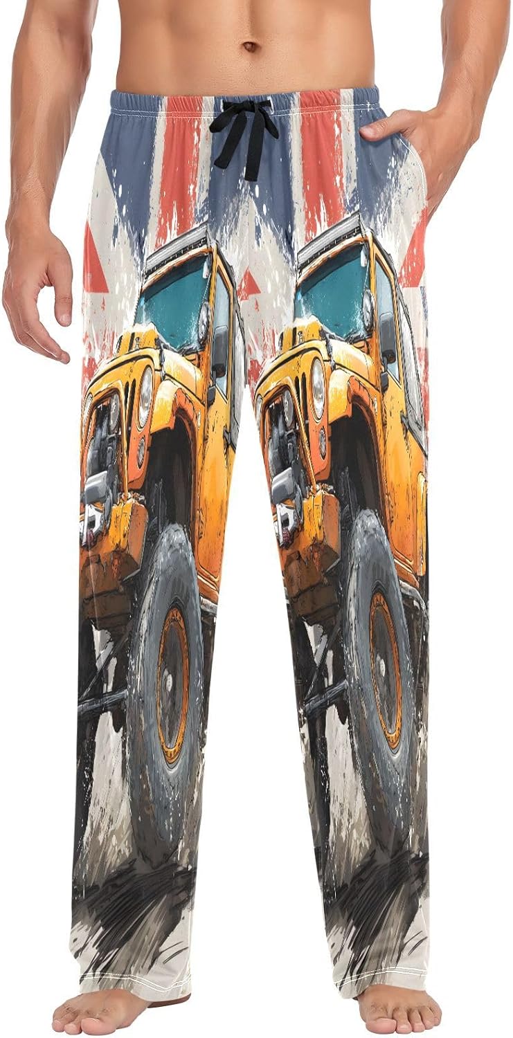 ALAZA British Flag Monster Truck Men's Pajama Pants Men Cotton Pajama Bottoms with Pockets, S