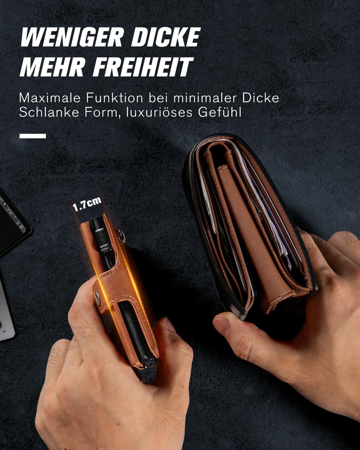 VMAN Geldbörse Herren, Slim Wallet mit Münzfach, RFID Schutz, Premium Leder Portmonee Geldbeutel für 8–11 Karten, Kleines Kartenetui für Alltag & Reise - Braun