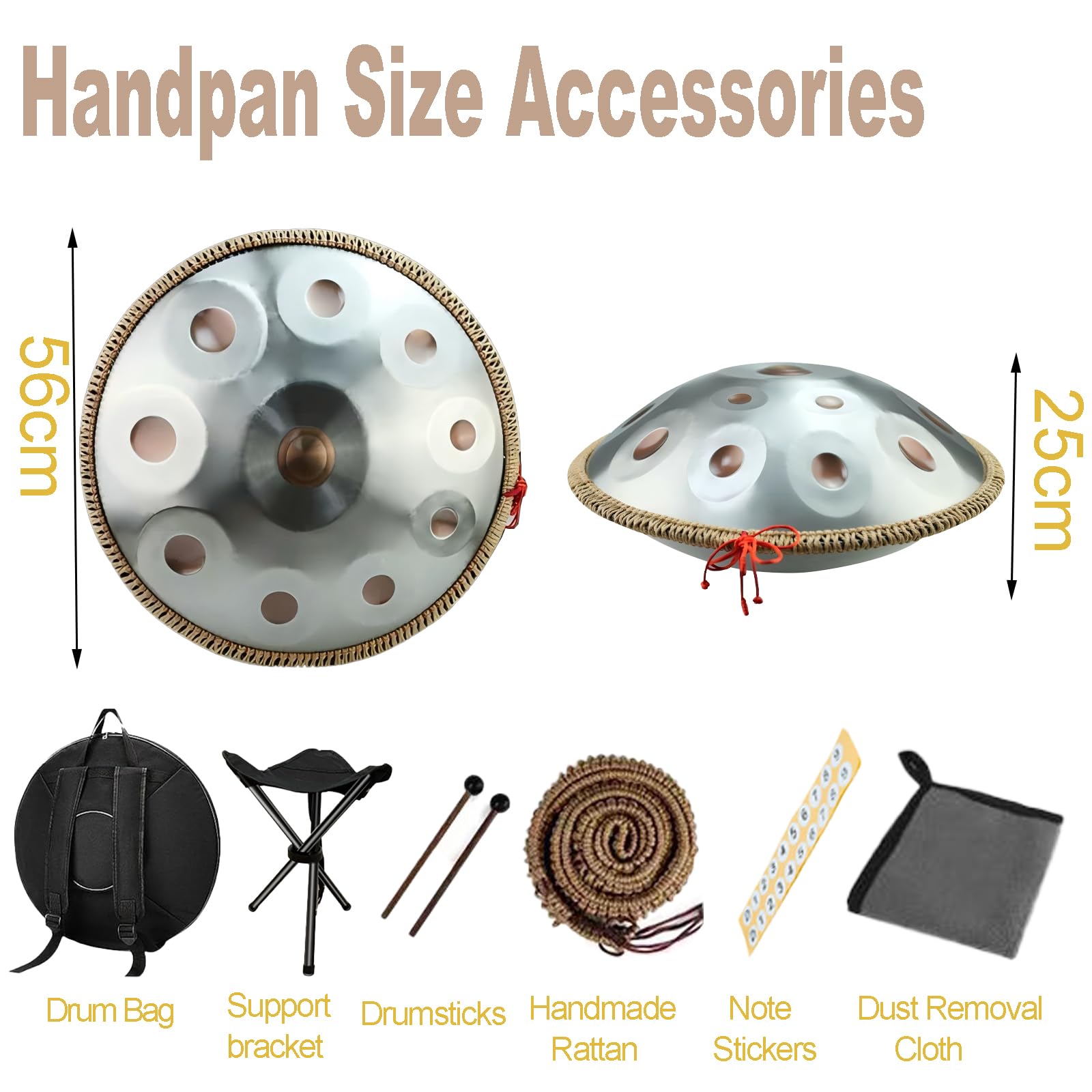 Handpan Drum Tambour en acier mineur D 10 tons 66 cm 440 Hz Instrument de tambour pour yoga, méditation avec sacs à main, support de batterie, chiffon (argenté, 10 tons)