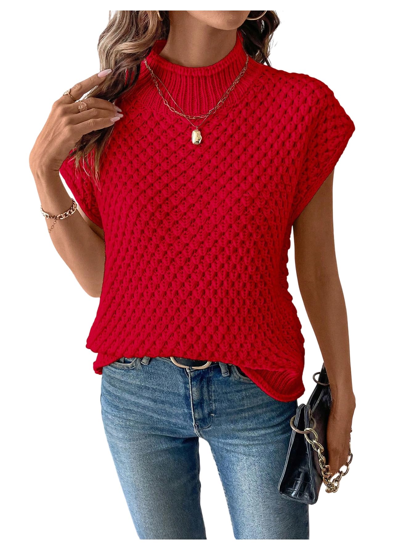 SHENHE Womens Turtleneck Sweaters Vest Cap Sleeve Crochet Knit Chunky Short Sleeve Sweater Fall Pullover Top