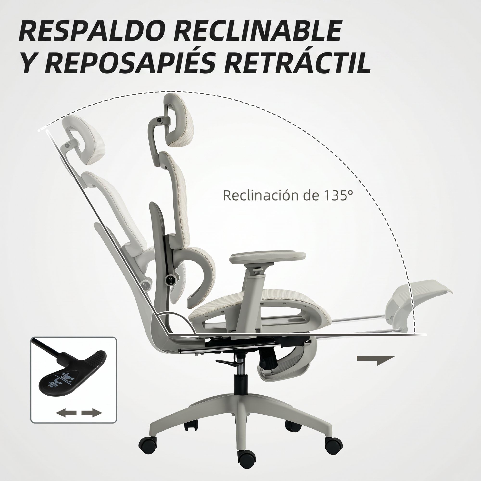 HOMCOM Silla de Oficina Ergonómica de Malla con Reposabrazos 3D Beige | Silla de Escritorio,Reclinable a 135°,Reposacabezas Ajustable,Respaldo Alto,Soporte Lumbar,Reposapiés,Altura Ajustable