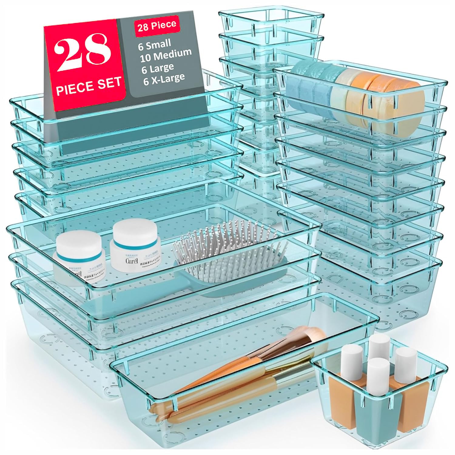 TEX-RO Drawer Organizer Tray/Multi-Purpose Drawers Organisers/Dressing Table Organiser & Make up Organiser/Perfect for Cosmetics, Jewelry, Kitchen and Bathroom (28 pcs, Sea-Blue)