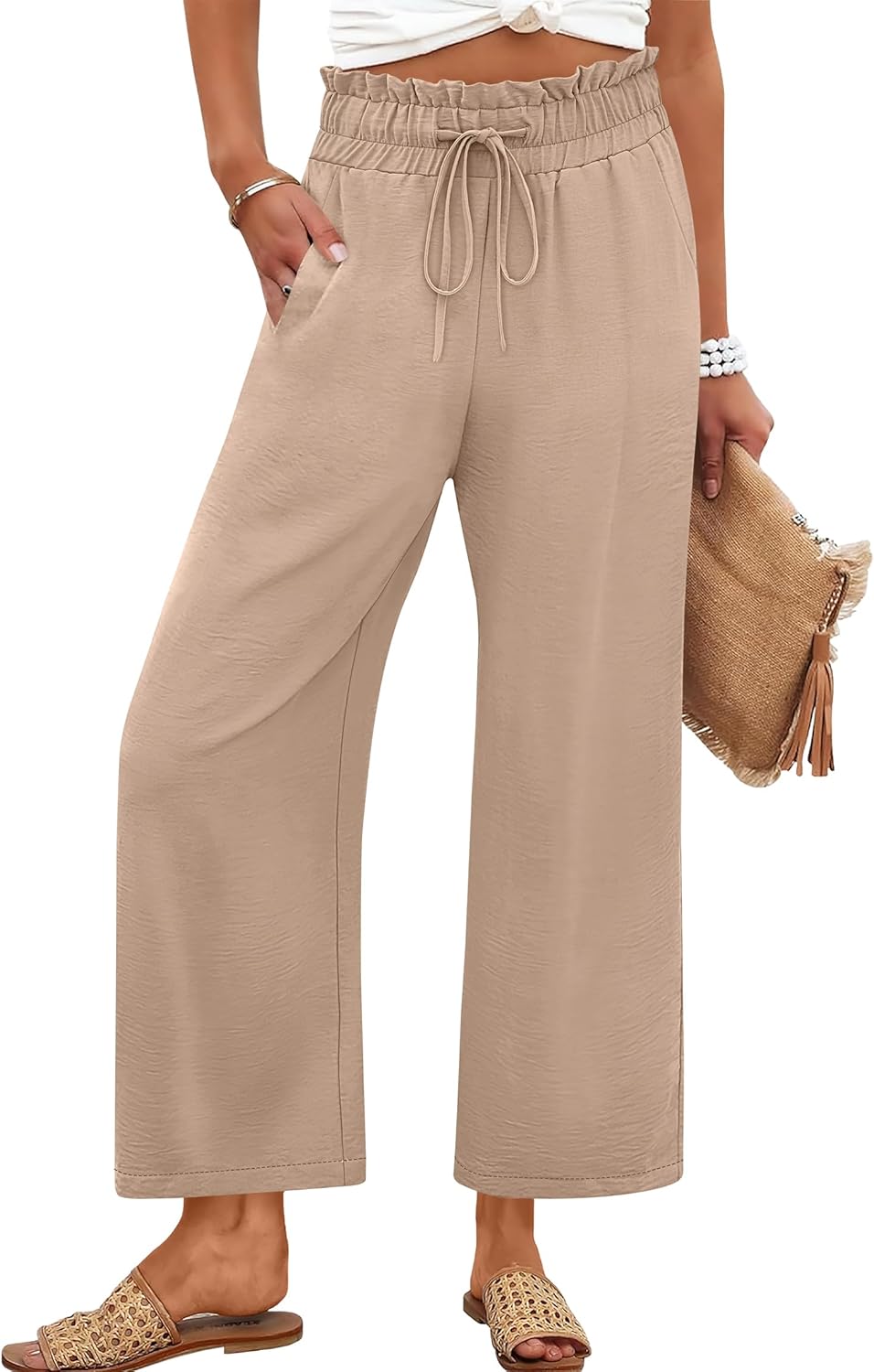 ANRABESS Palazzo Pants for Women Summer Casual Flowy High Waist Wide Leg Capri Pants 2026 Loose Lounge Cropped Beach Trousers