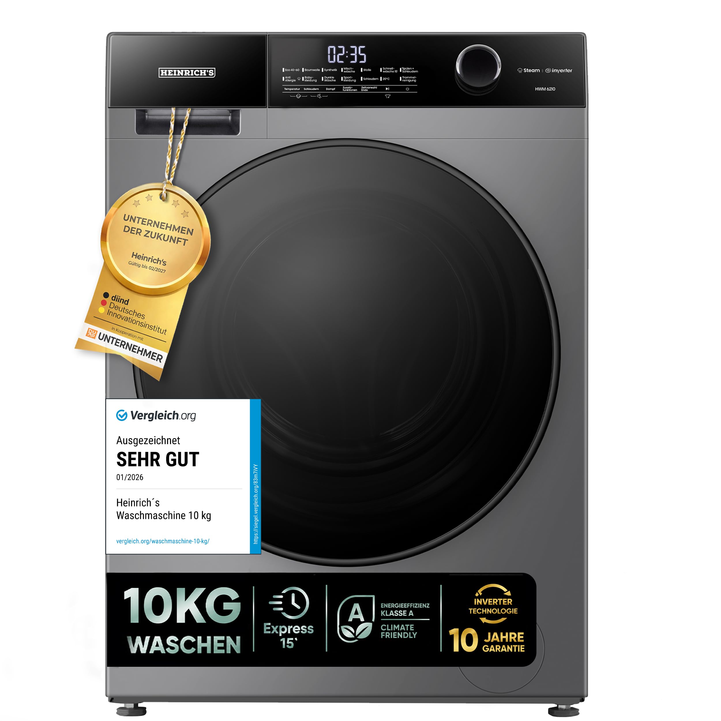Heinrich´s Waschmaschine, Steam-Funktion, 10kg Mega Kapazität, 15 Programme, 1400 U/min., Aqua-Stop, LED-Display, Endzeitvorwahl, mit Kindersicherung, langlebiger und leiser Inverter Motor,Titan-Grau