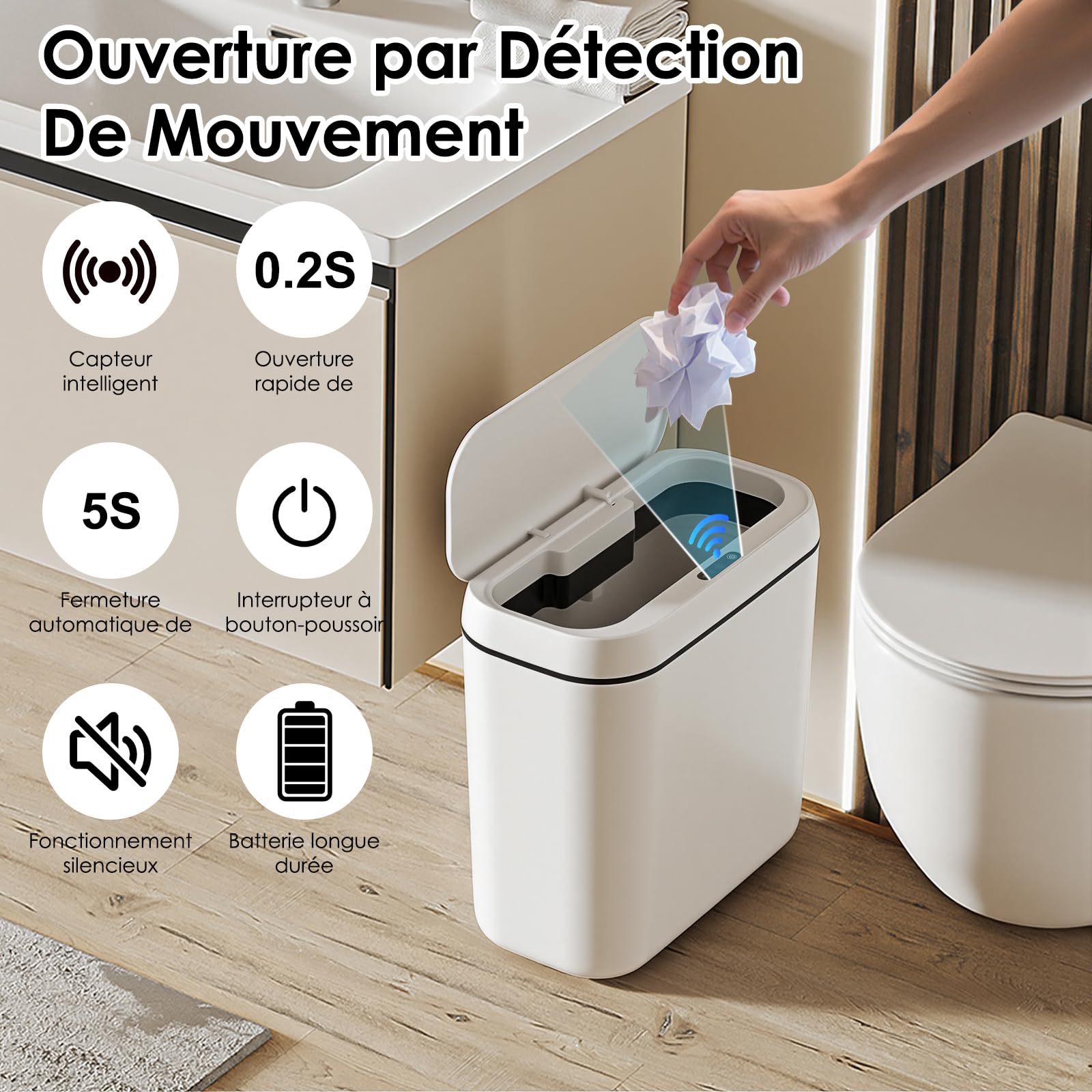 Cubo de Basura Inteligente Silencioso Cubo Basura Automatico Carga USB Cubos Basuras con Sensor Papelera Inteligente Papelera Baño con Sensor para Cocinas, Oficinas, Salones y Baños