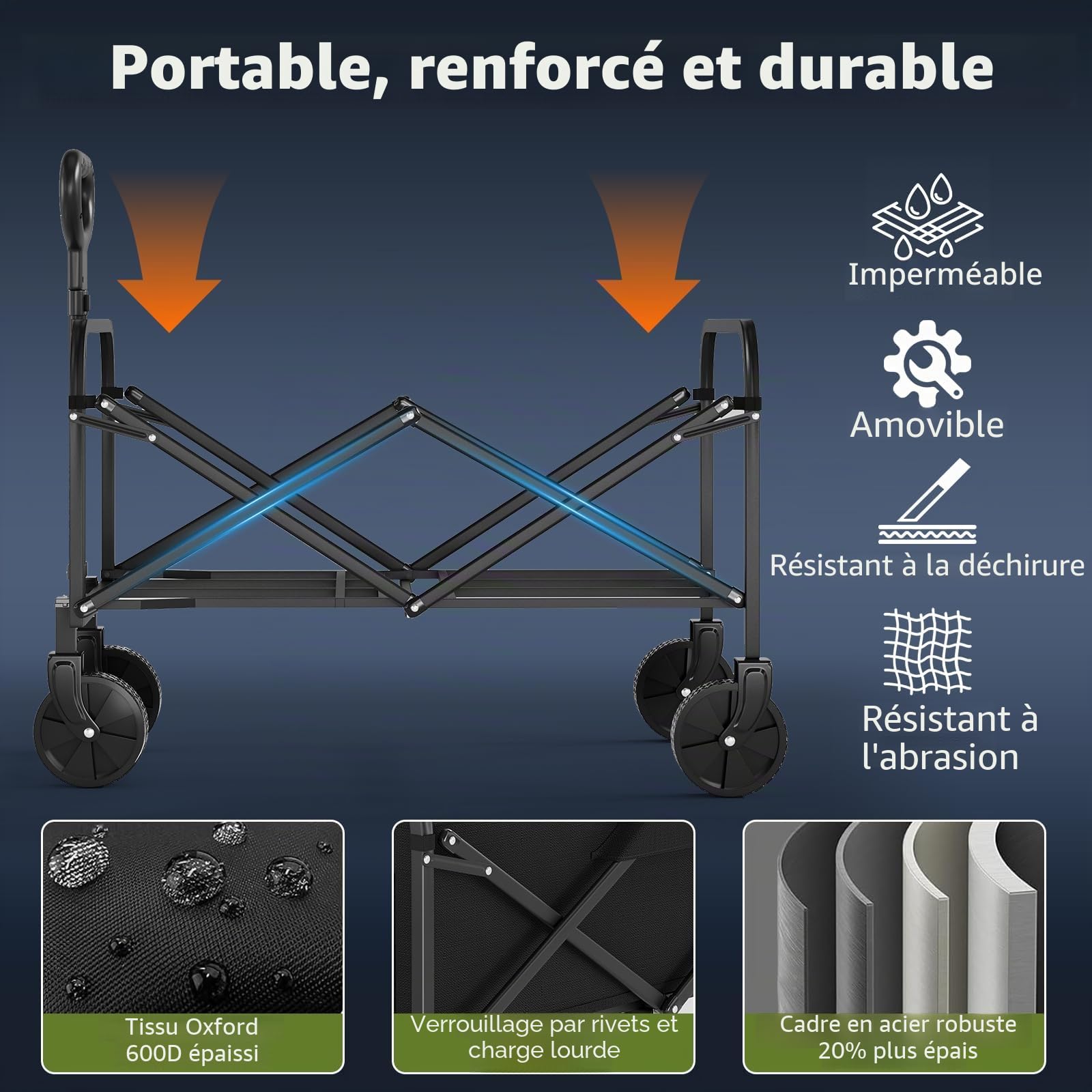 Chariot de plage pliable XL - Charge maximale : 172 kg - Chariot de plage pliable avec roues pivotantes à 360° - Pour camping, shopping, jardin, 73 x 46,5 x 89,5 cm - Noir