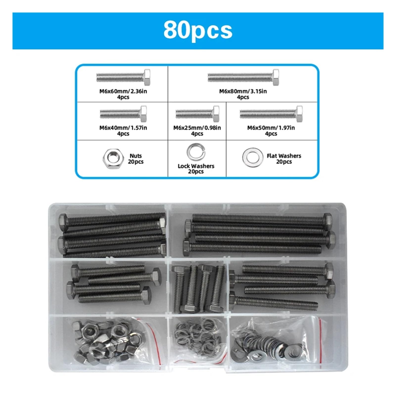Kit Surtido De Pernos Y Tuercas M6, M8, M10, Arandela De Tuerca De Acero Inoxidable 304, Cabeza Hexagonal, Juego De Caja Espaciadora De Bloqueo De Resorte Plano(M6(80PCS))